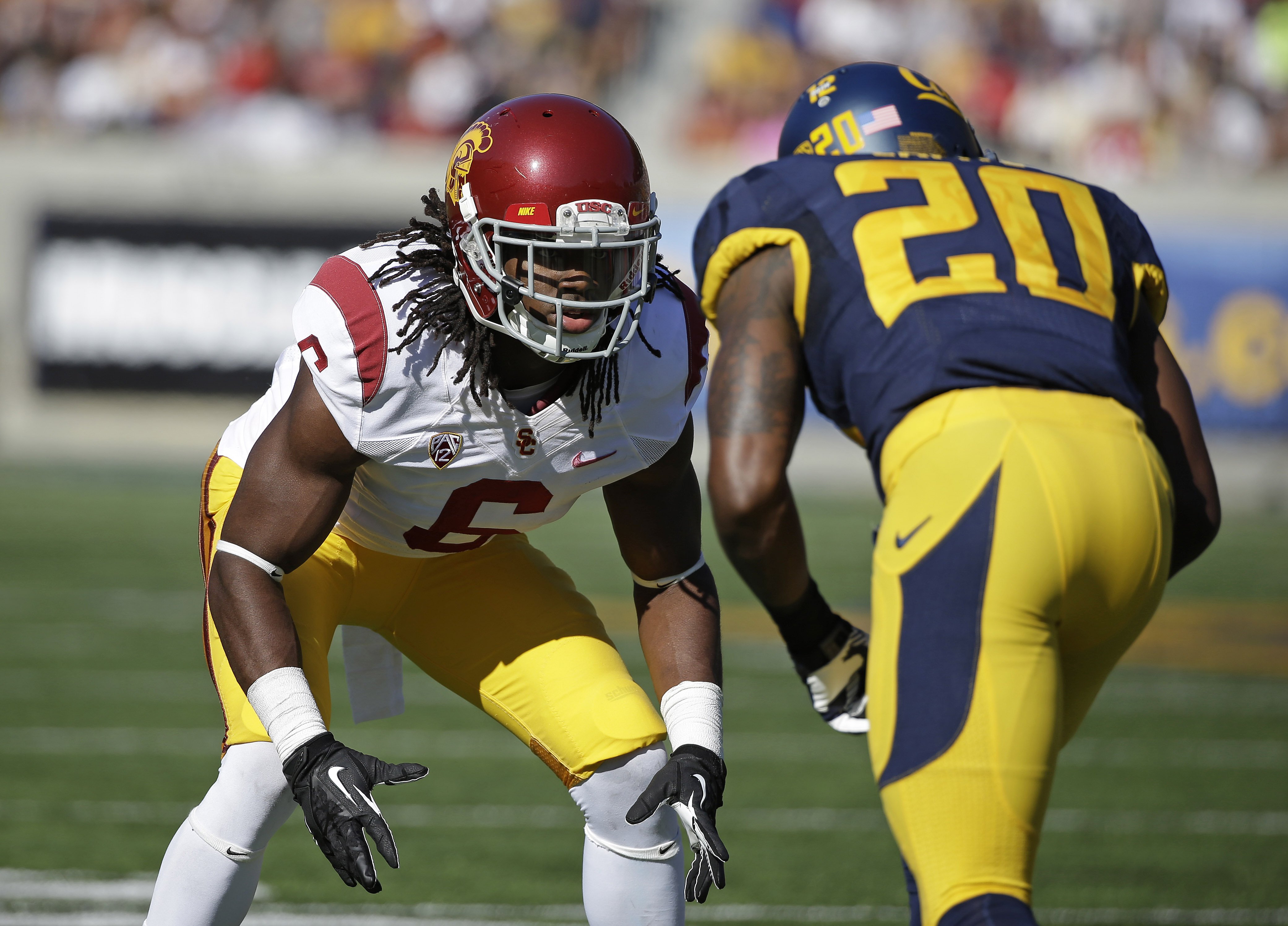 Southern California cornerback Josh Shaw lines up against California defensive back Isaac Lapite during the first quarter of a NCAA college football game in Berkeley, Calif.