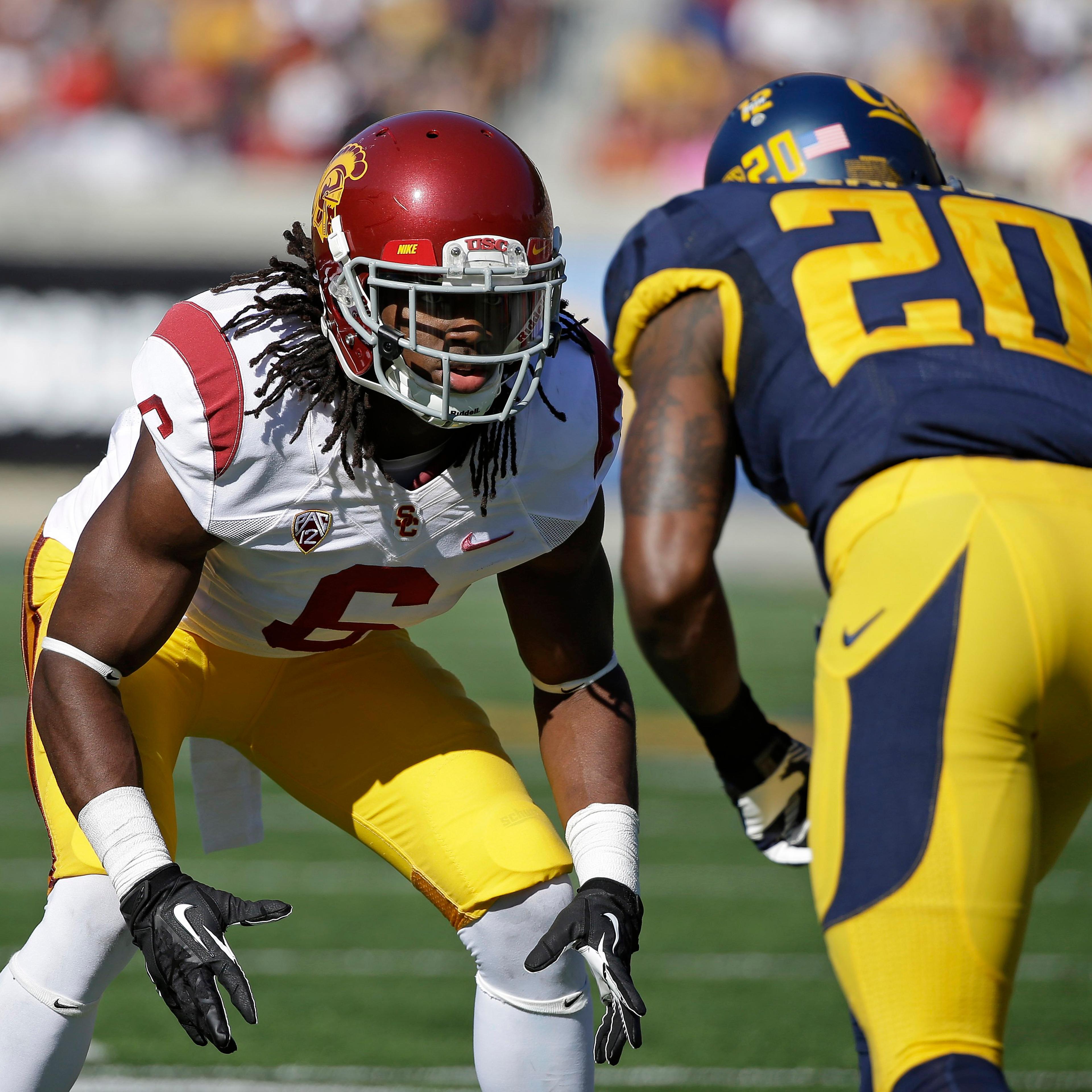 Southern California cornerback Josh Shaw lines up against California defensive back Isaac Lapite during the first quarter of a NCAA college football game in Berkeley, Calif.