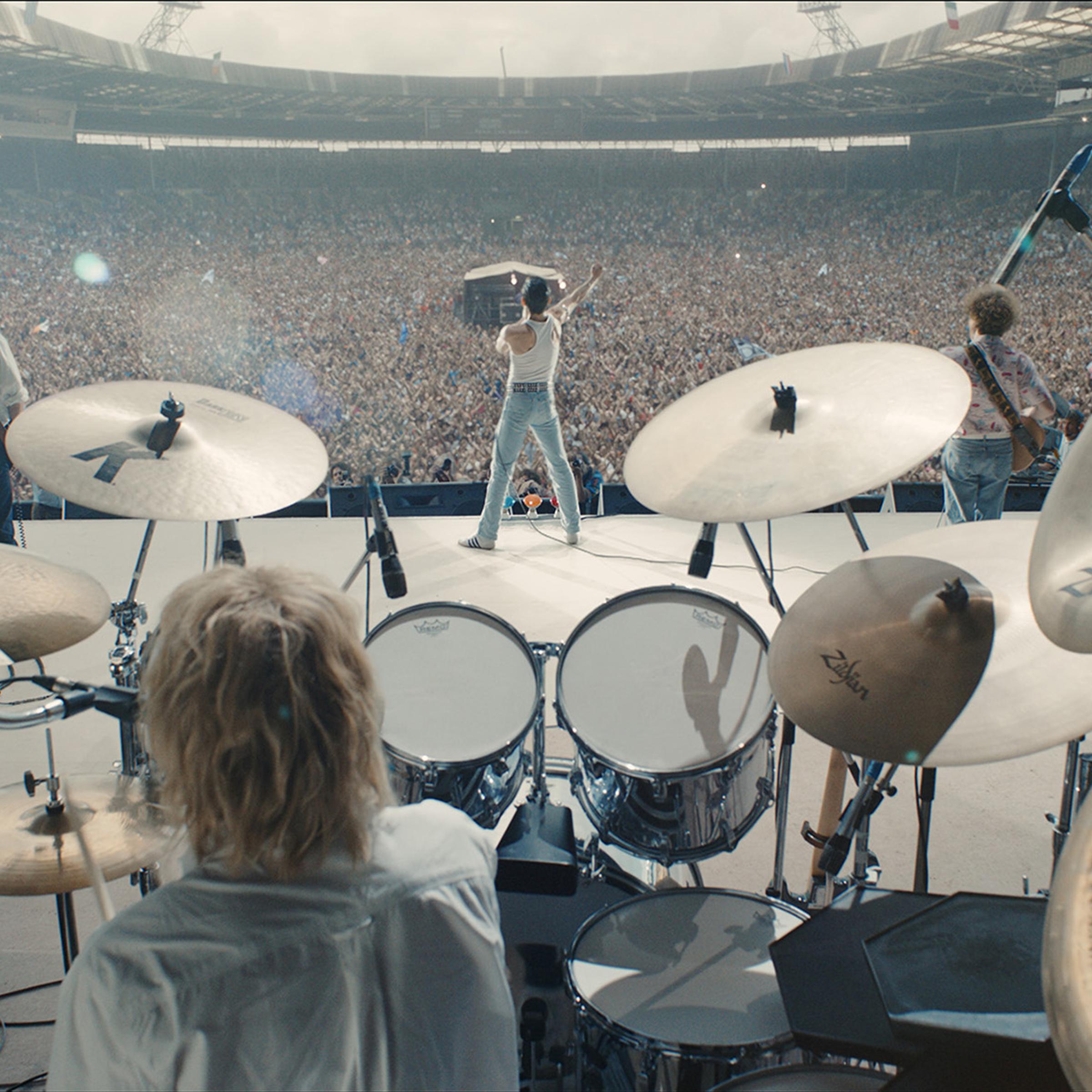 L-R: Gwilym Lee (Brian May), Ben Hardy (Roger Taylor), Rami Malek (Freddie Mercury), and Joe Mazzello (John Deacon) star in Bohemian Rhapsody