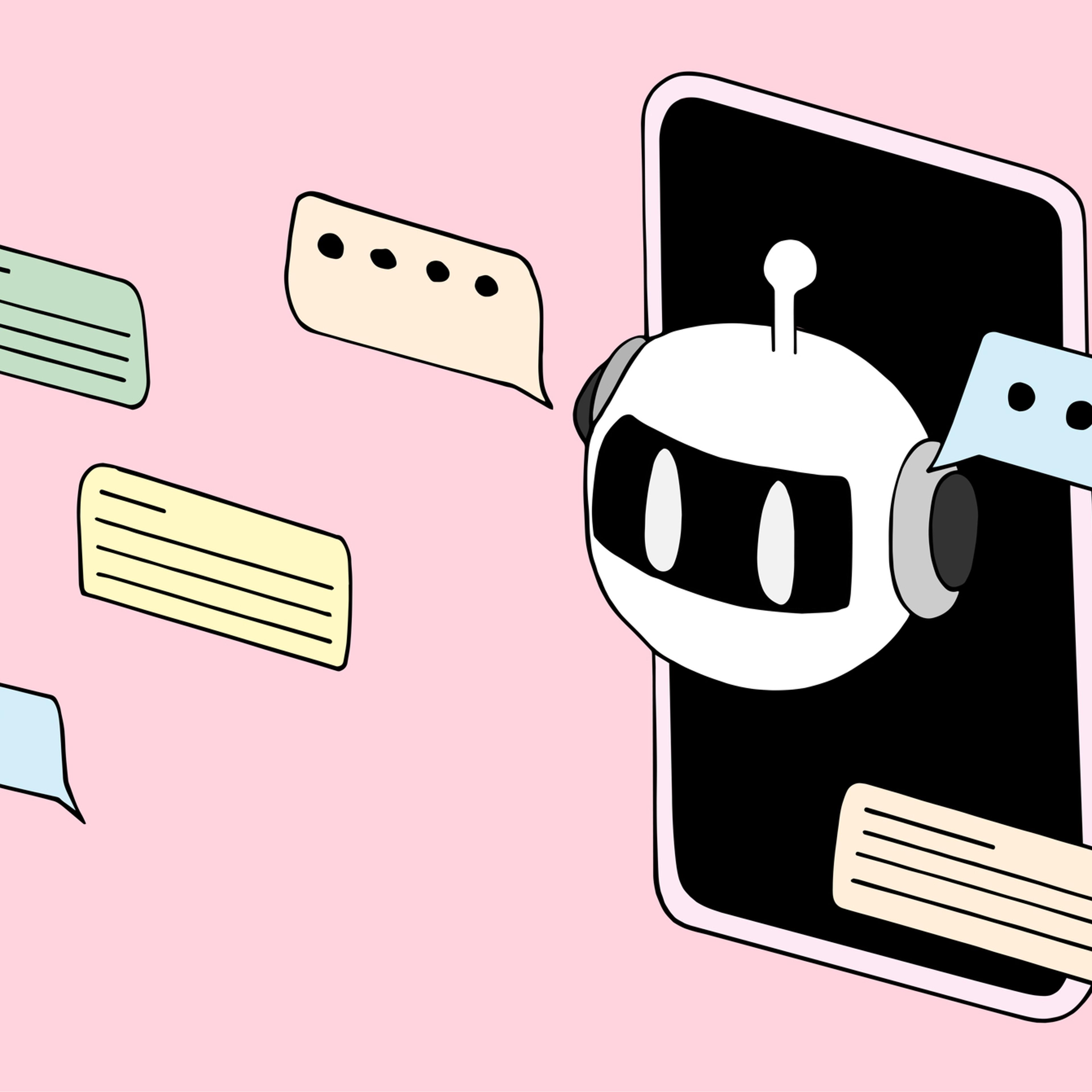 Chatbot looking out of a smartphone display. Text bubbles floating around. Pink background.
