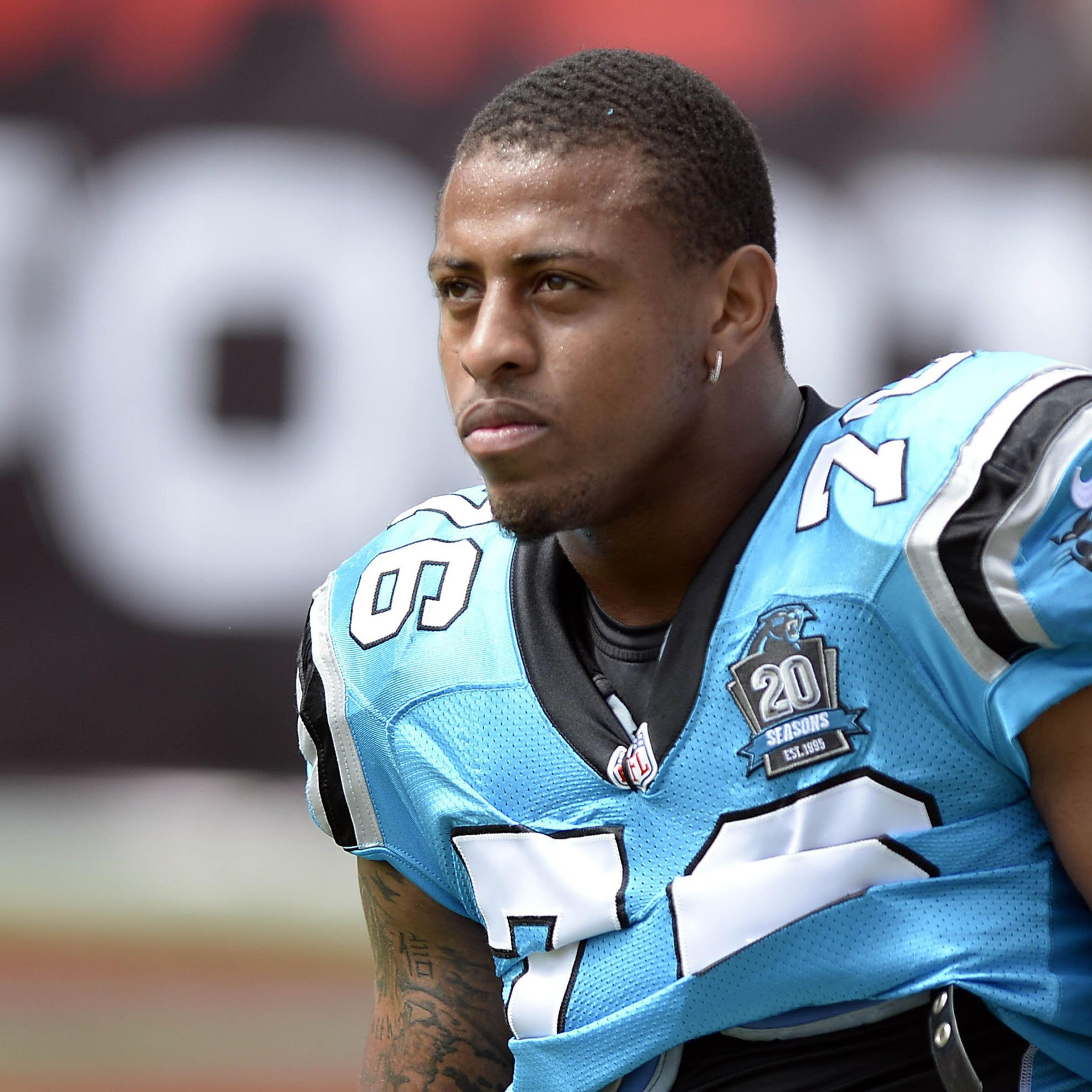 Greg Hardy of the Carolina Panthers looks out on the field during a game against the Tampa Bay Buccaneers on Sept. 7, 2014 in Tampa, Fla.