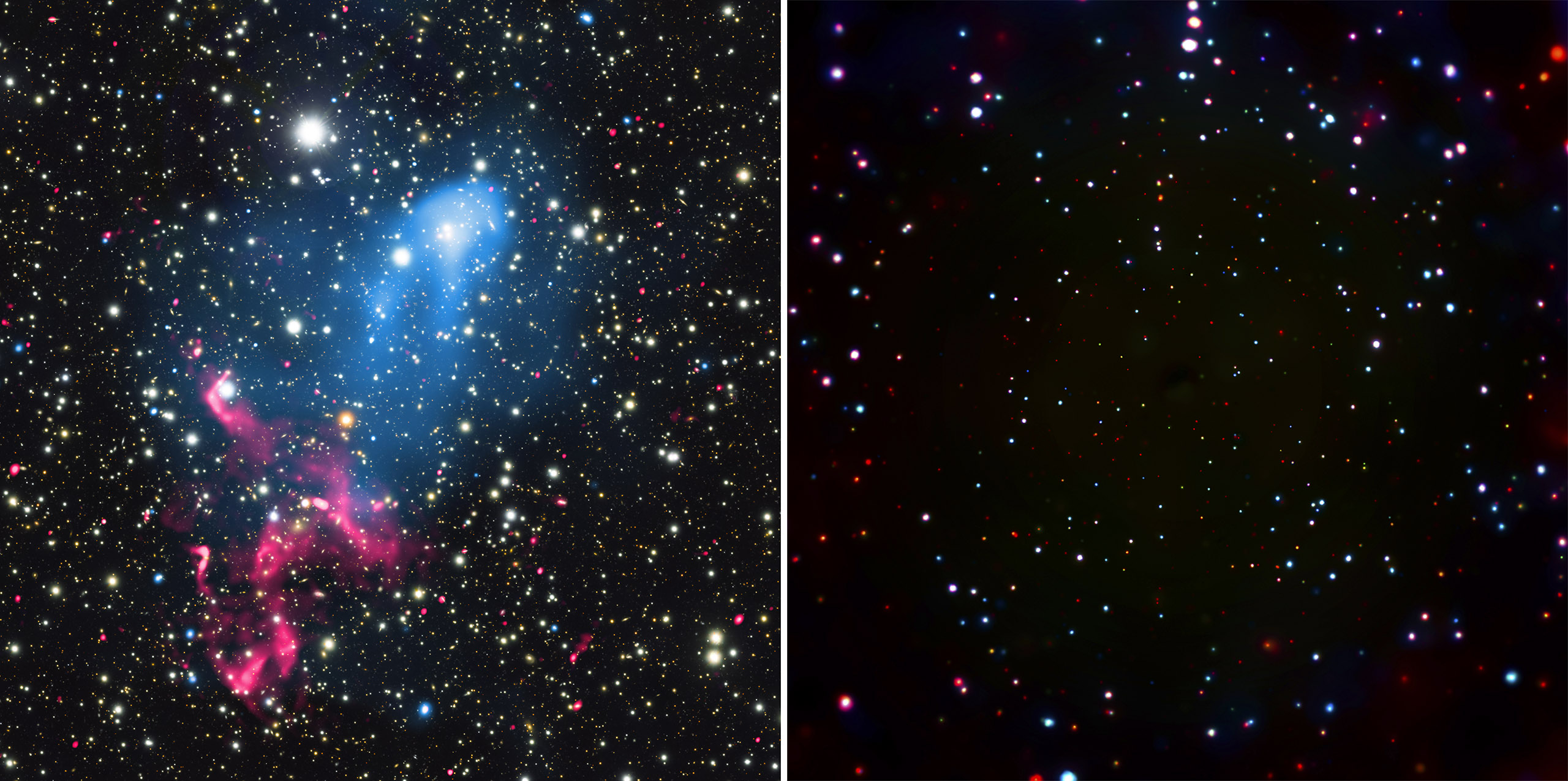 Left: A composite image of X-rays from Chandra (blue), radio emission from the GMRT (red), and optical data from Subaru (red, green, and blue) of the colliding galaxy clusters. Right: An image of part of the Chandra Deep Field-South.