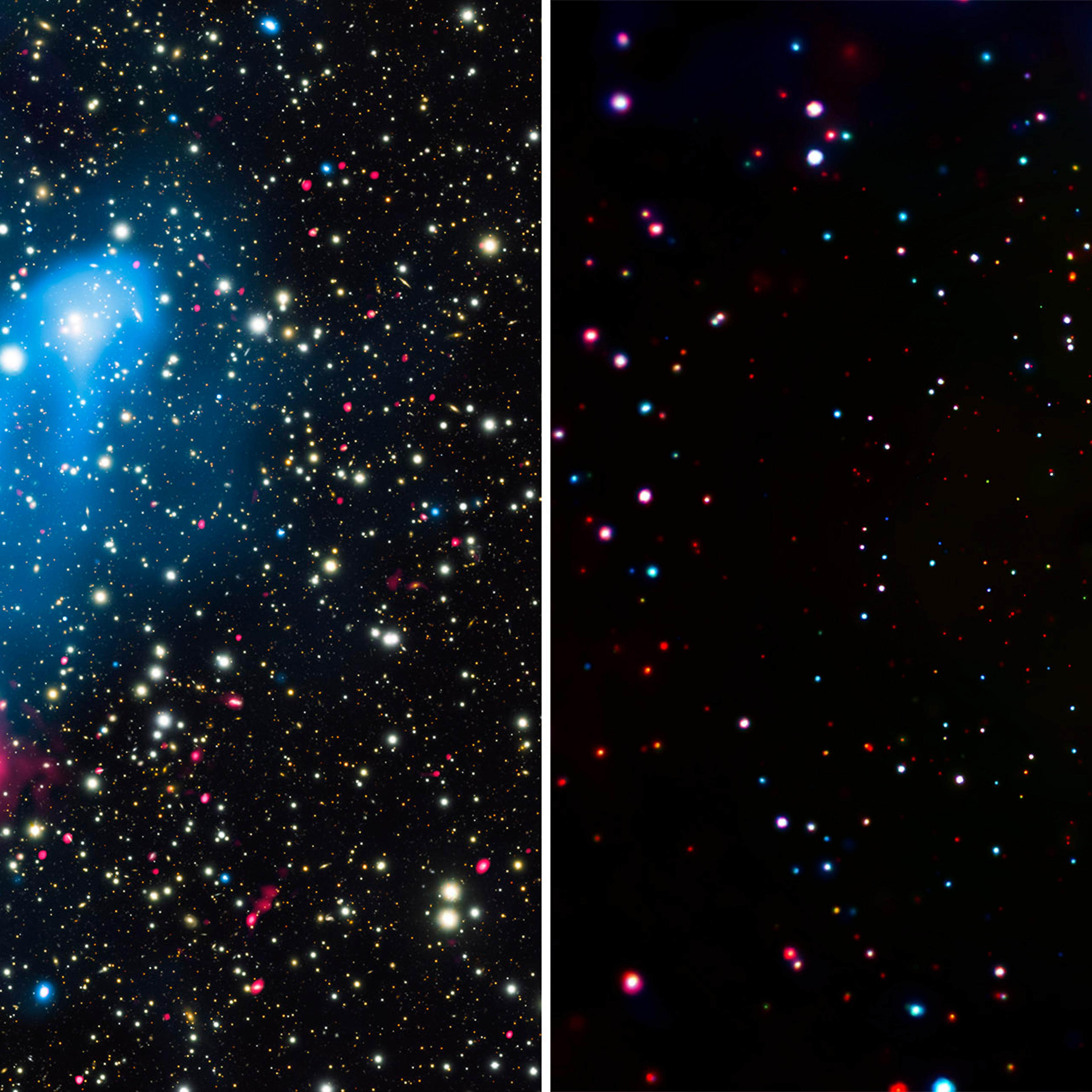 Left: A composite image of X-rays from Chandra (blue), radio emission from the GMRT (red), and optical data from Subaru (red, green, and blue) of the colliding galaxy clusters. Right: An image of part of the Chandra Deep Field-South.