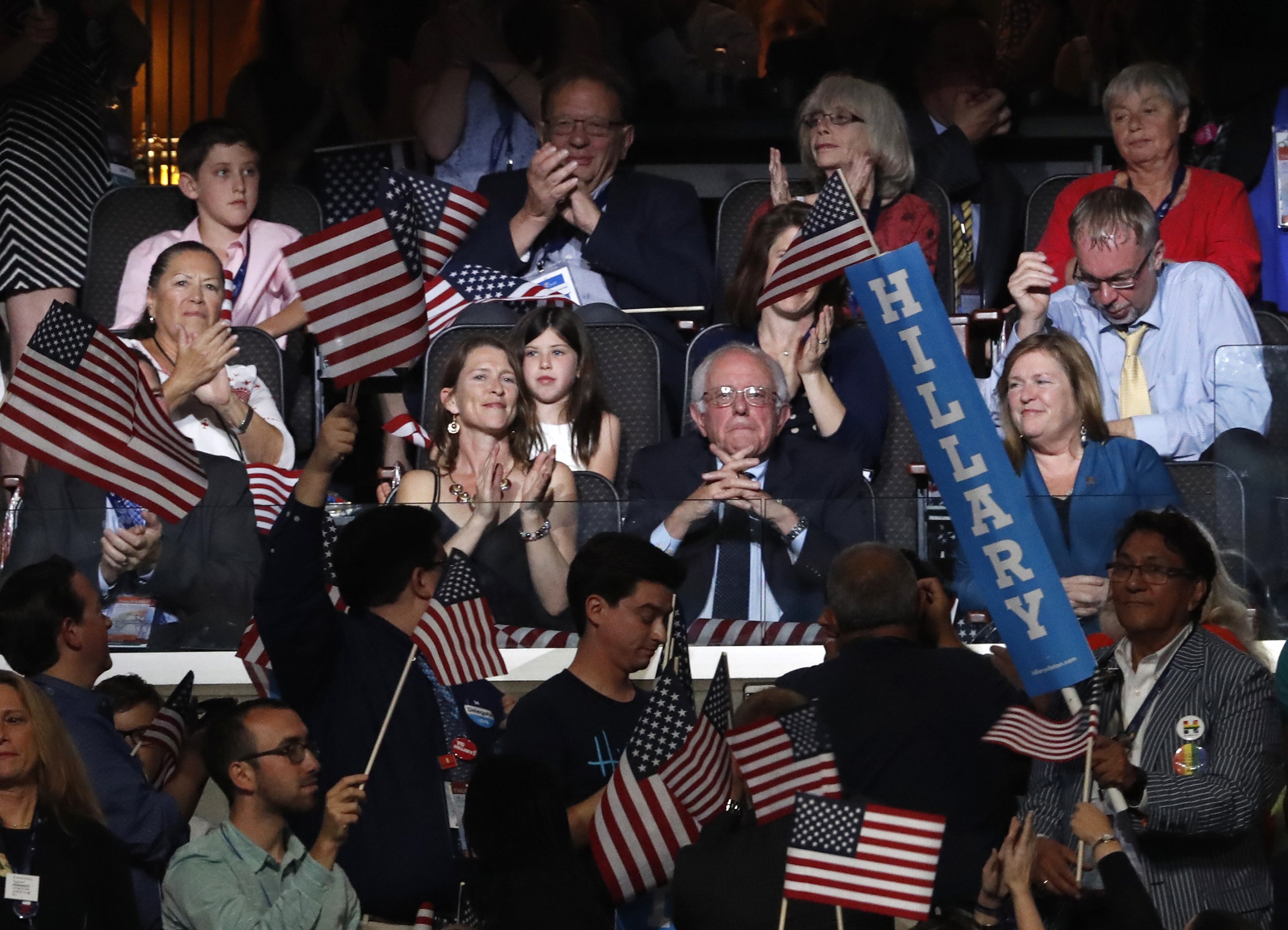 Bernie Sanders and family attend Hillary Clinton's acceptance speech during the final day of the Democratic National Convention in Philadelphia, July 28, 2016.