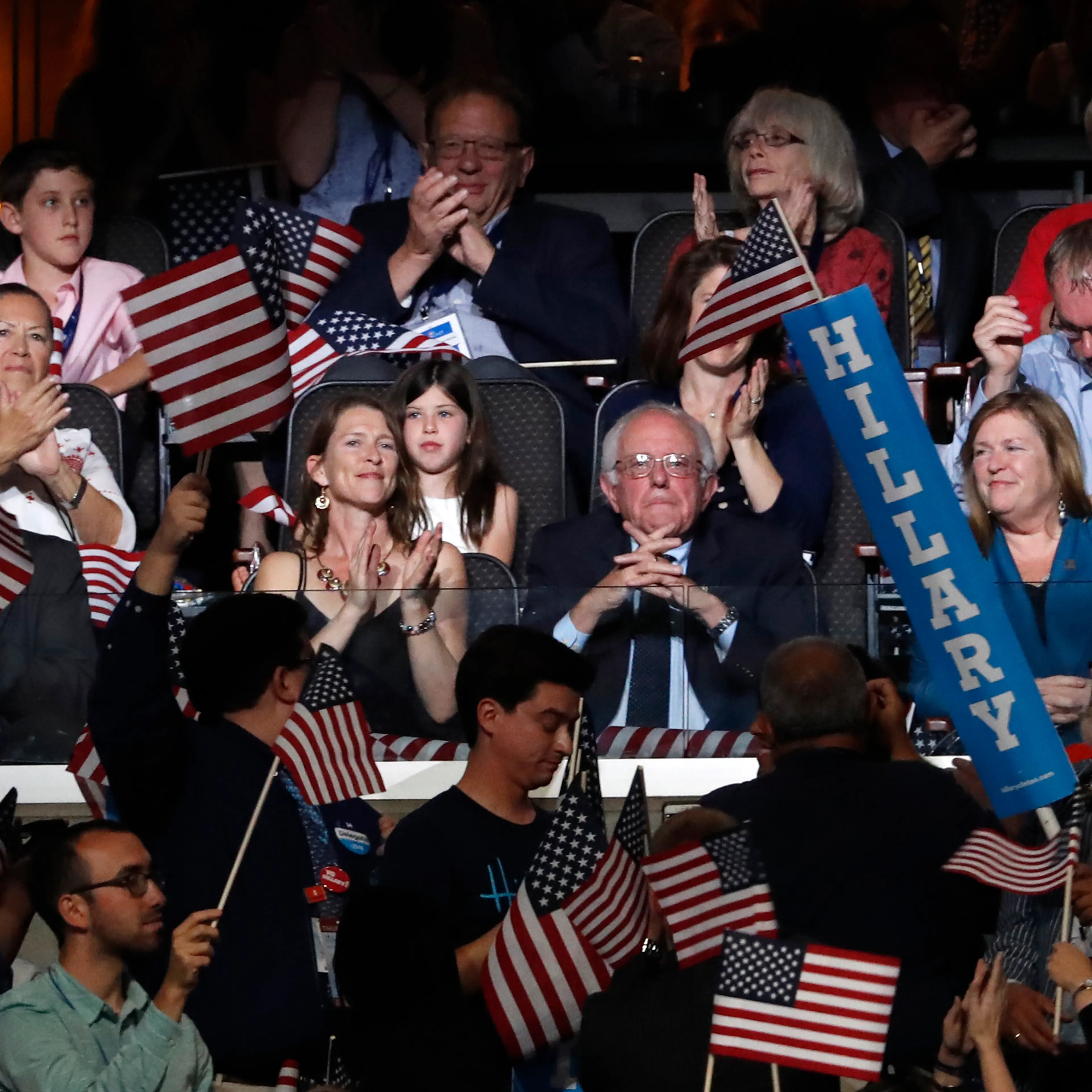 Bernie Sanders and family attend Hillary Clinton's acceptance speech during the final day of the Democratic National Convention in Philadelphia, July 28, 2016.