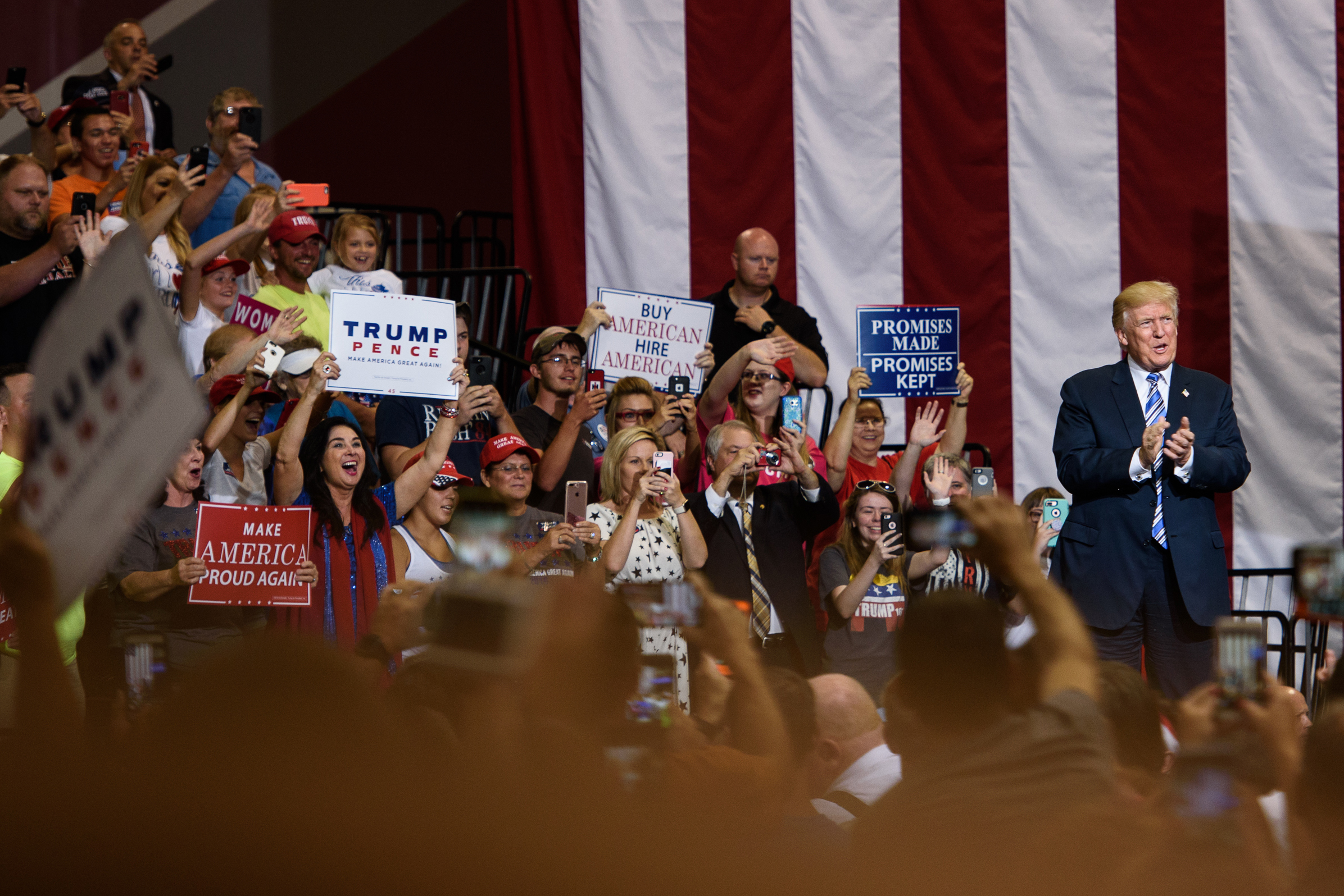 President Donald J. Trump greets the crowd at his campaign rally at the Big Sandy Superstore Arena on August 3, 2017 in Huntington, W.Va.
