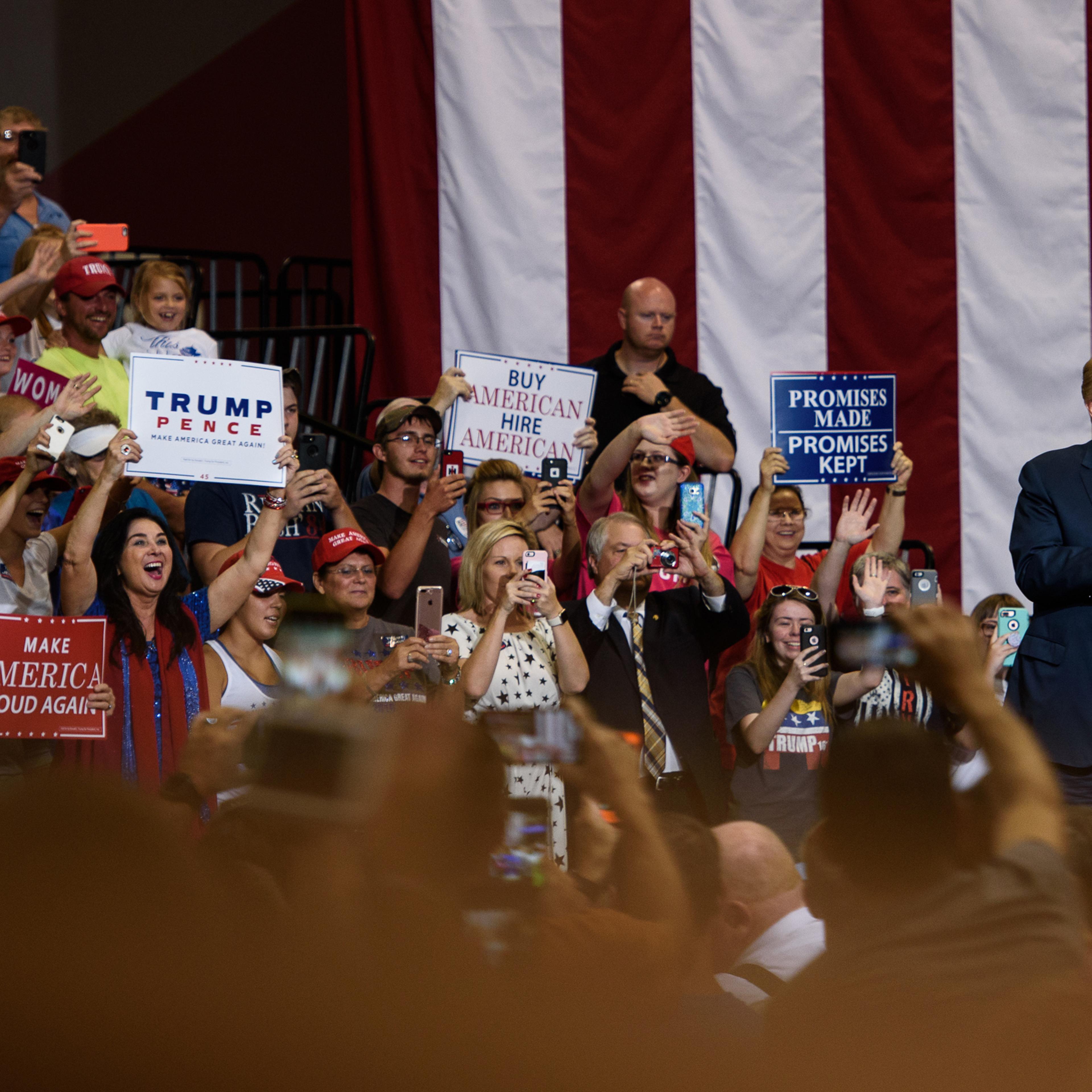 President Donald J. Trump greets the crowd at his campaign rally at the Big Sandy Superstore Arena on August 3, 2017 in Huntington, W.Va.
