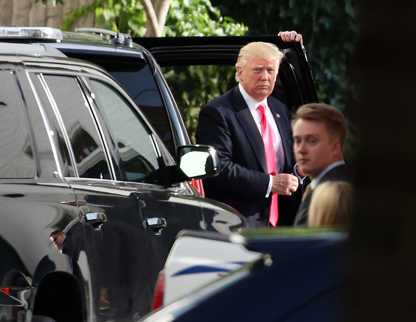 Presumptive Republican presidential nominee Donald Trump arrives at RNC headquarters for a meeting with House Speaker Paul Ryan (R-WI), and House Republicans July 7, 2016 in Washington, DC.