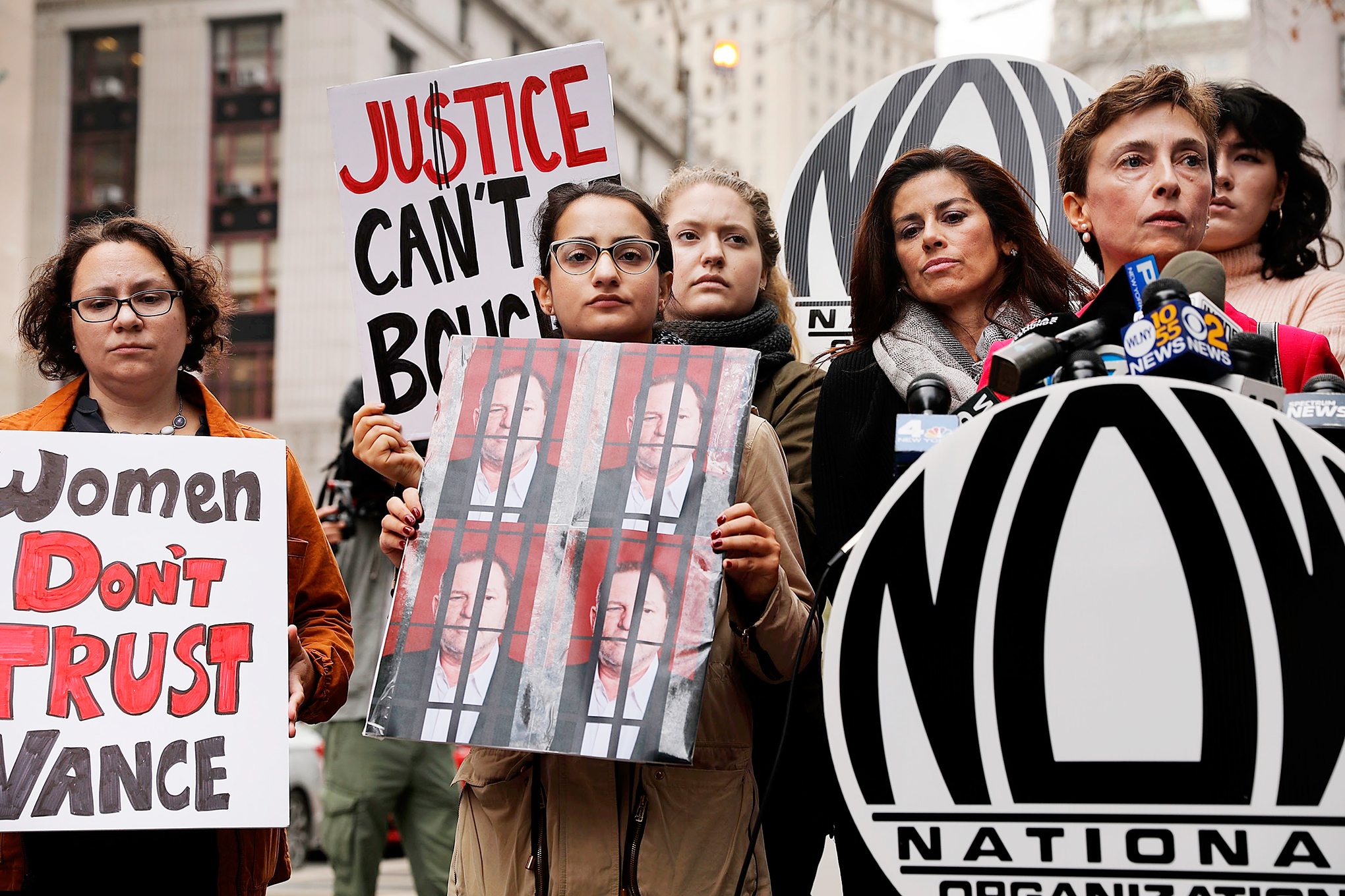 Protestors march outside the office of Manhattan D.A. Cy Vance, who didn’t prosecute Weinstein
