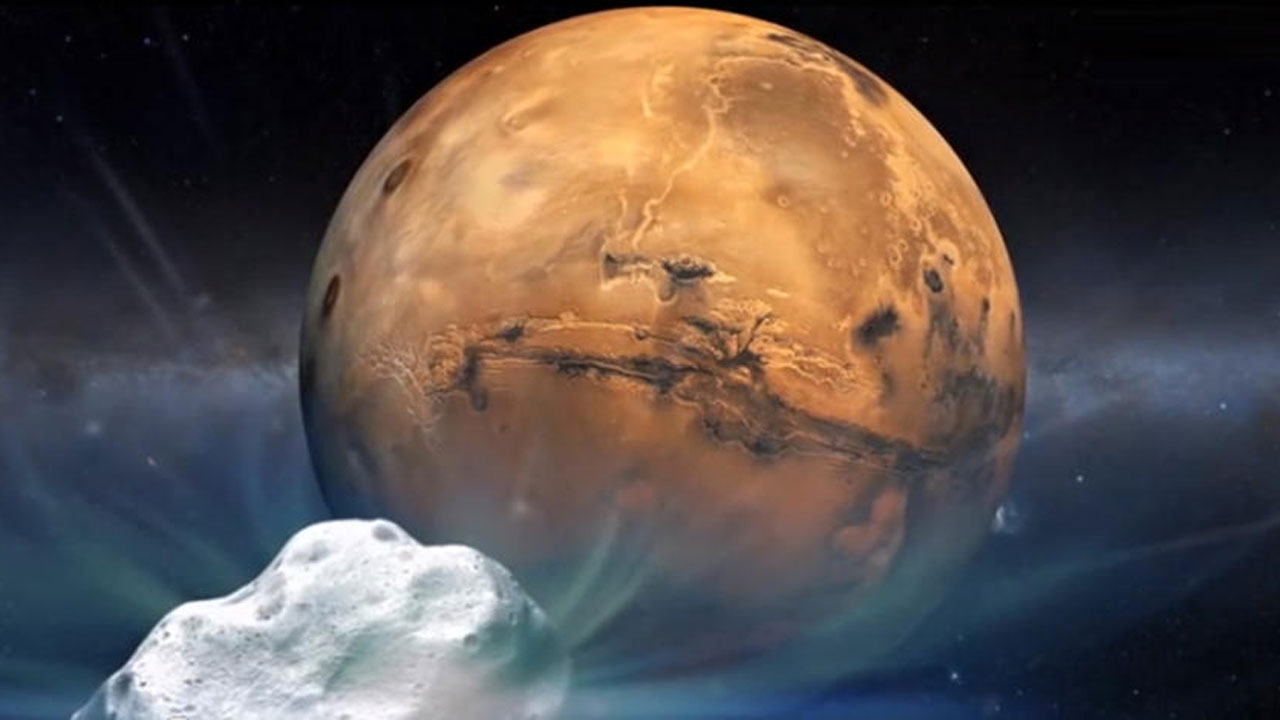 Artist's concept of comet Siding Spring (C/2013 A1) heading toward Mars.