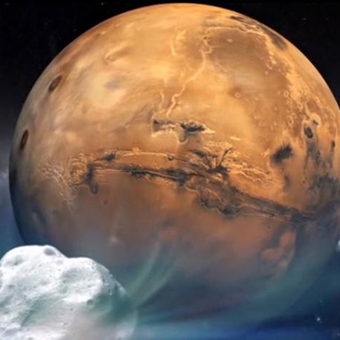 Artist's concept of comet Siding Spring (C/2013 A1) heading toward Mars.