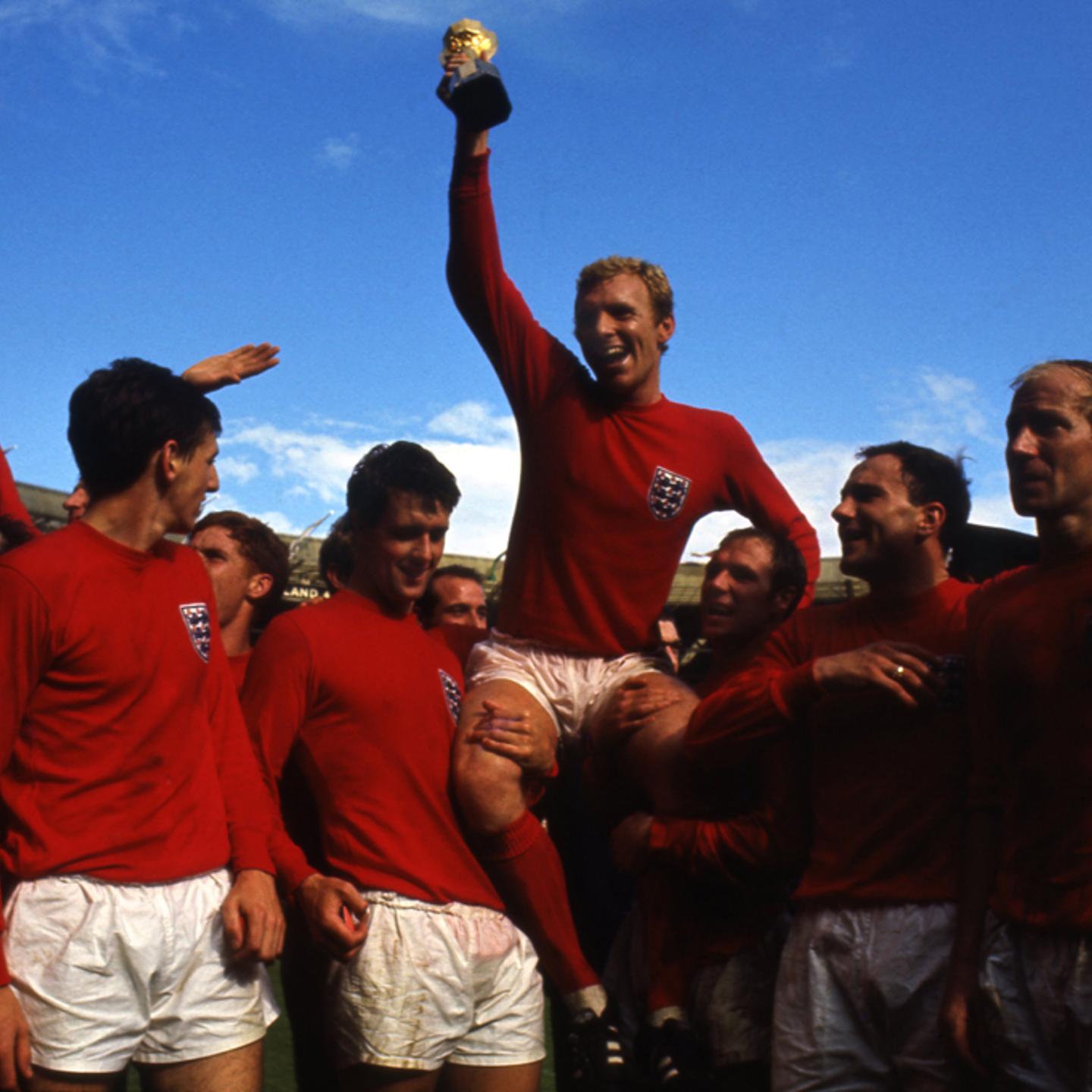 Bobby Moore raises the World Cup trophy, July 30, 1966, after England defeated Germany, 4-2, in the final before 98,000 fans at Wembley Stadium, London.