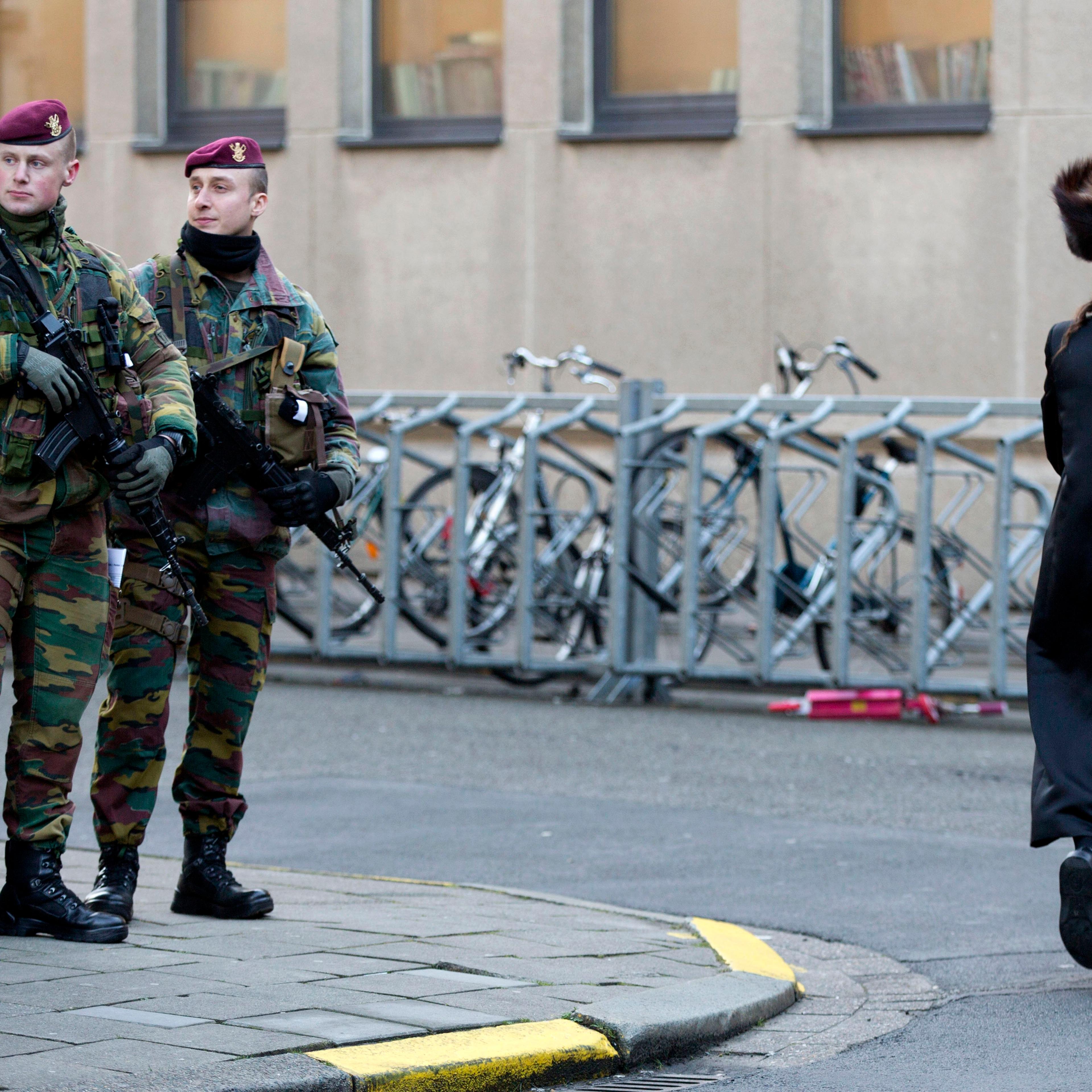 Belgian para-commandos patrol near a synagogue in the center of Antwerp, Belgium, on Jan. 17, 2015.