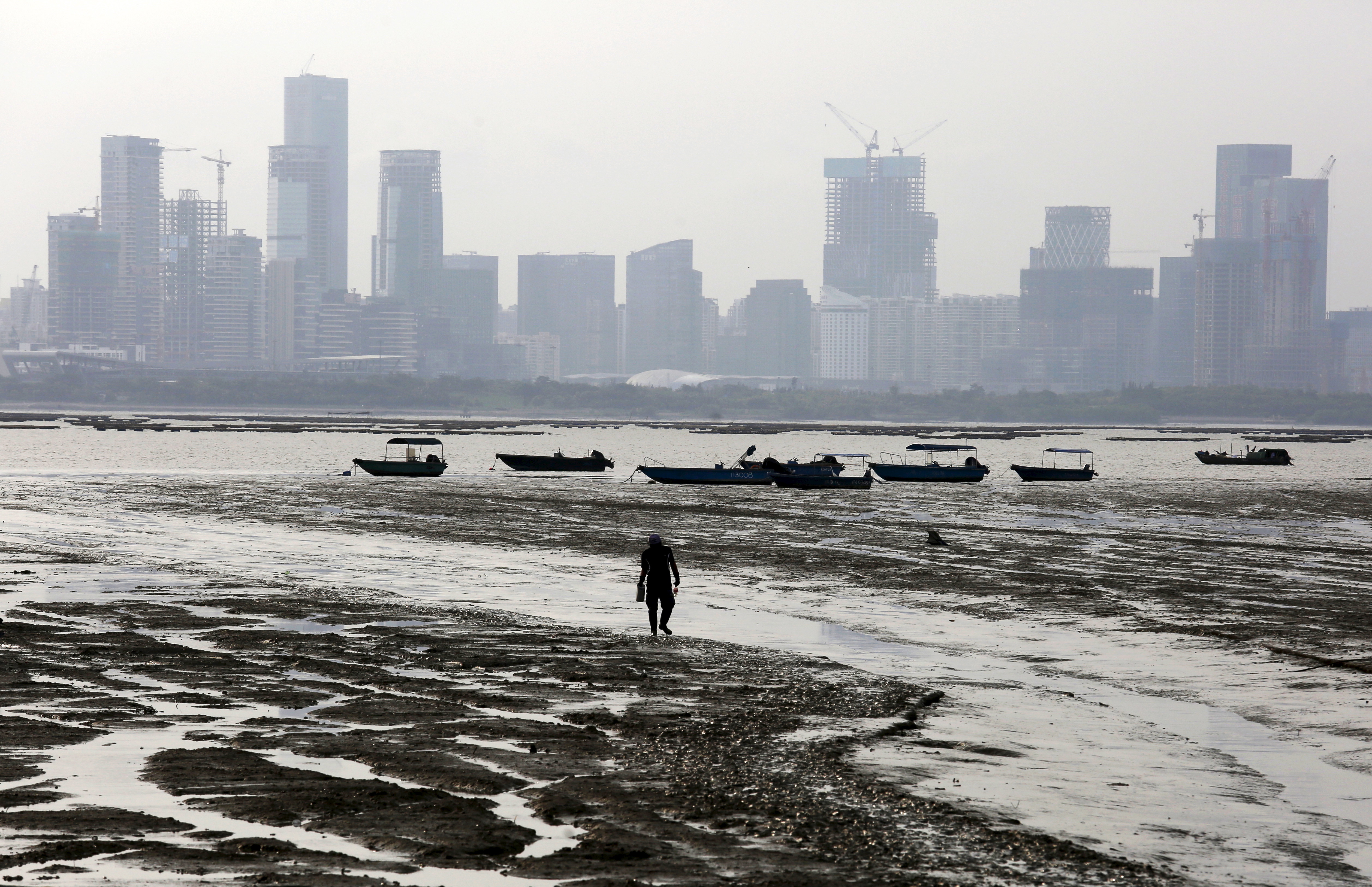A man walks during low tide at Lau Fau Shan in Hong Kong's rural New Territories