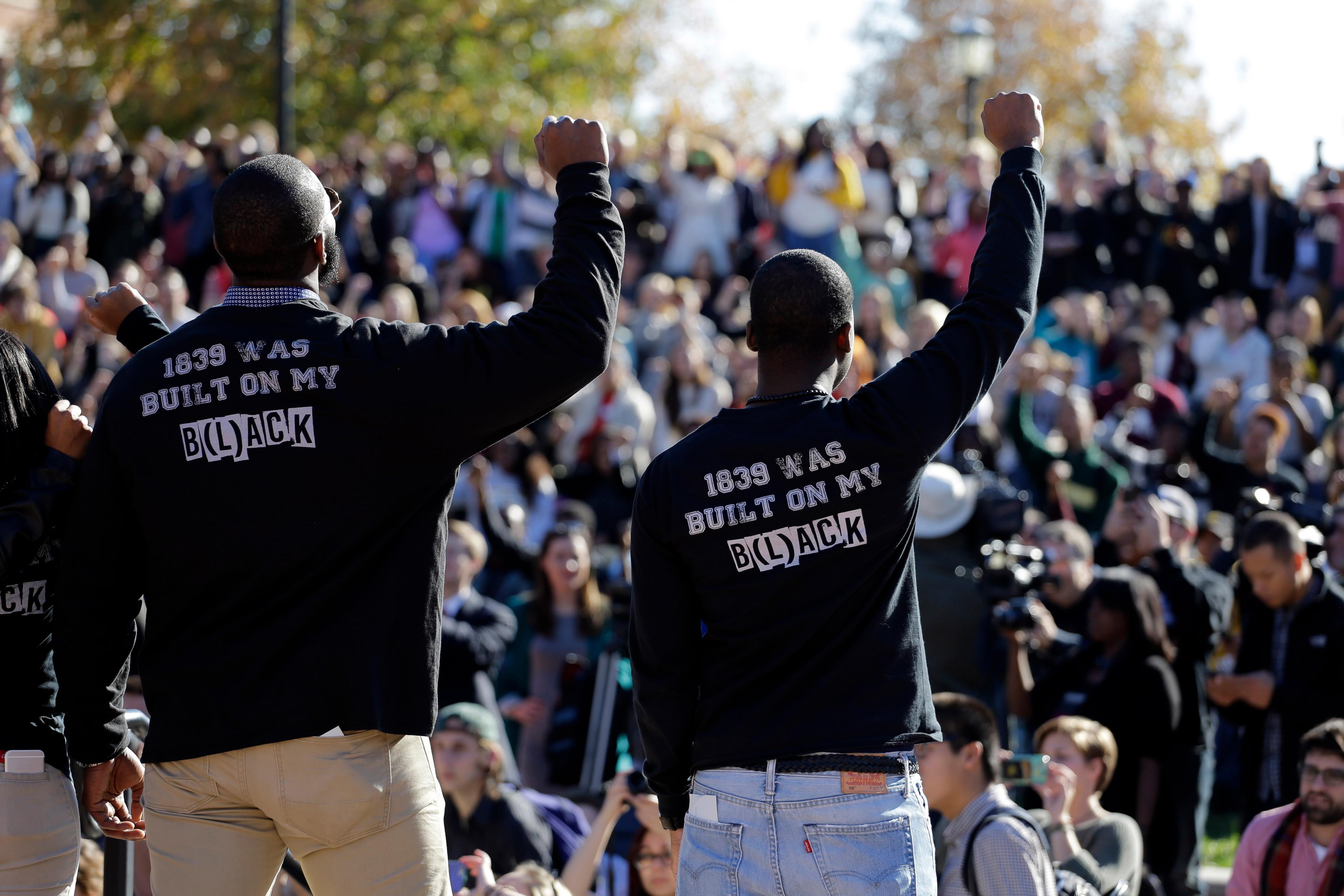 Members of the black student protest group, Concerned Student 1950, at the University of Missouri-Columbia in Columbia, Mo. on Nov. 9, 2015.