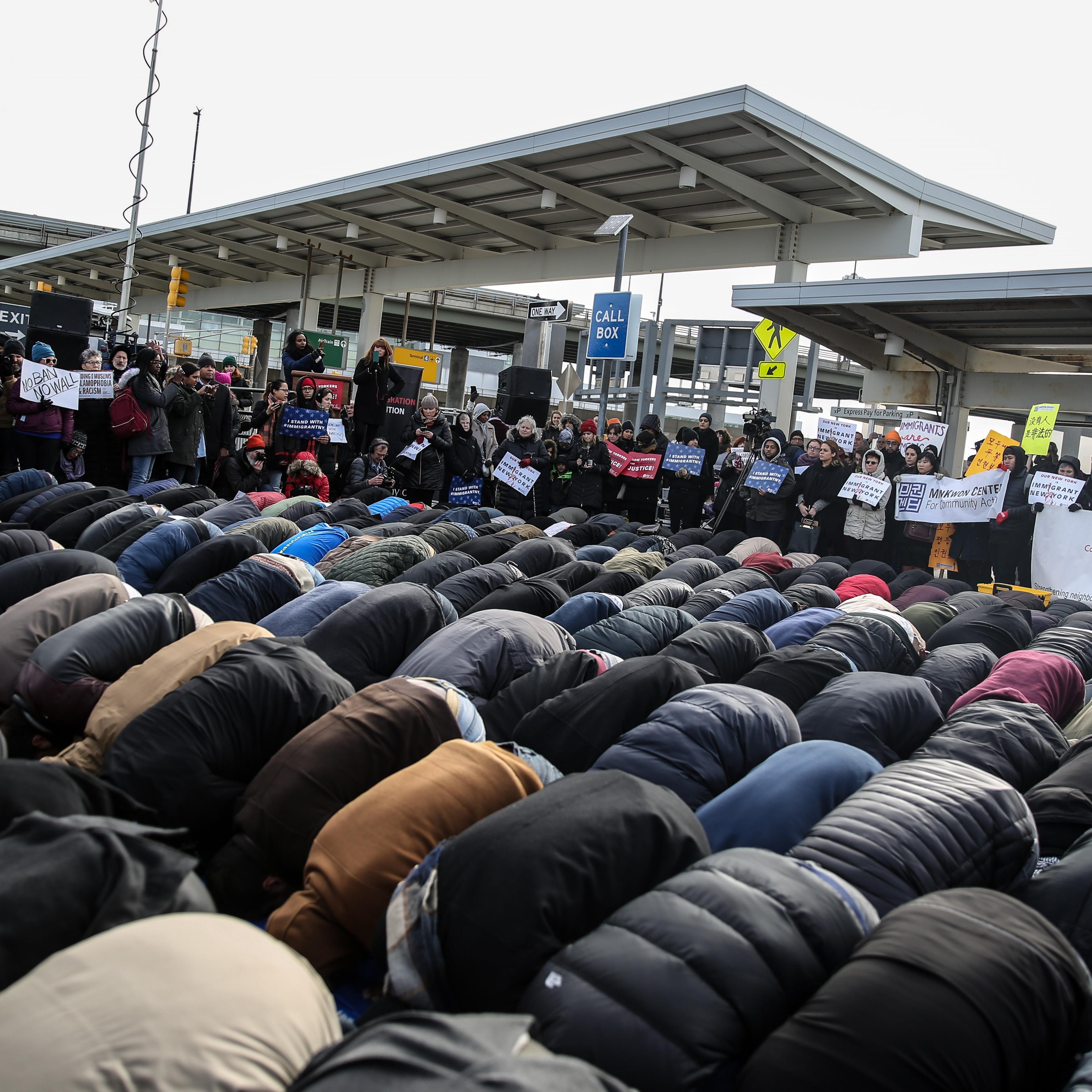 Muslims perform Friday Prayer at JFK Airport
