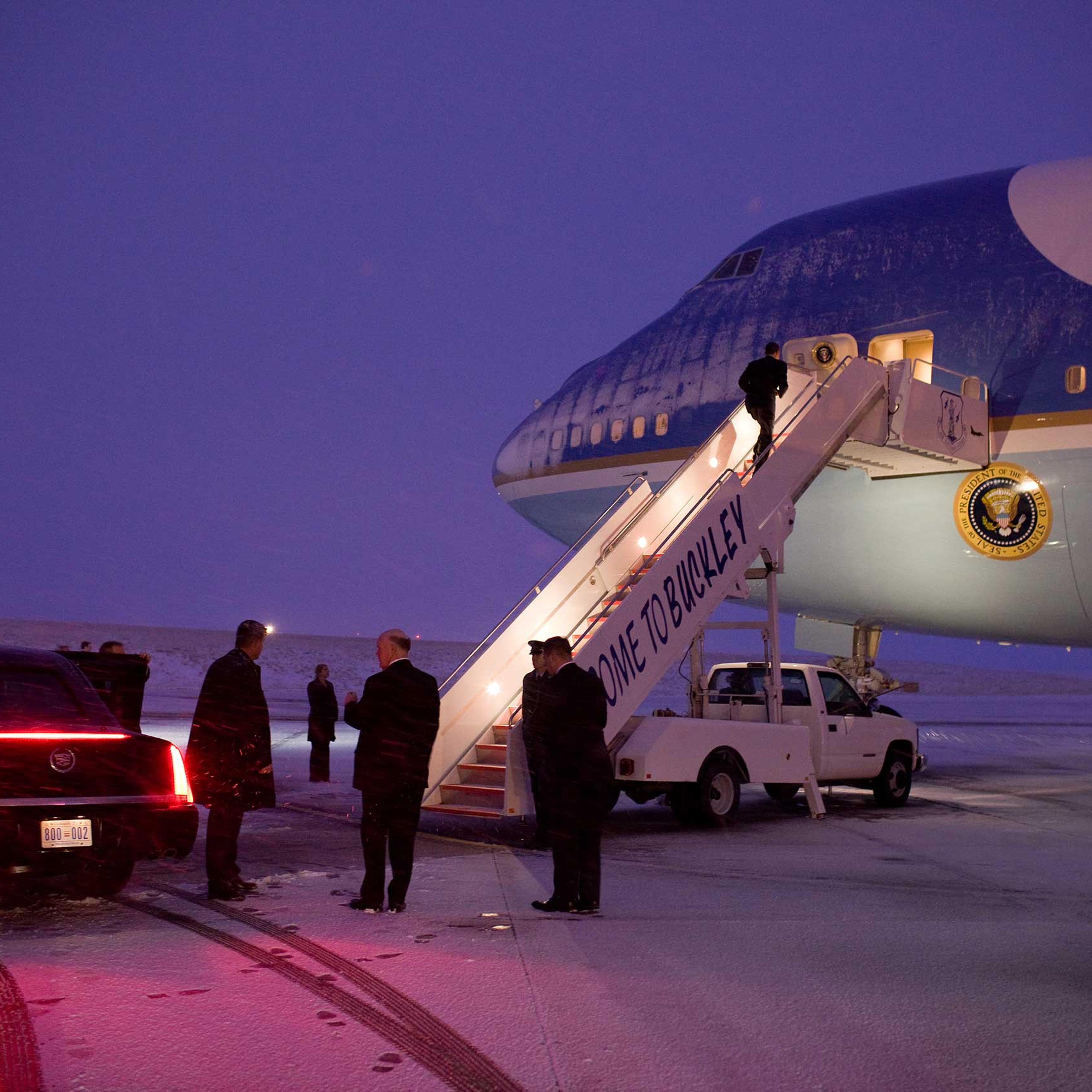 President Barack Obama boards Air Force One at Buckley Air Force Base in Denver, Colo., en route to Las Vegas, Nev., Feb. 18, 2010. (Official White House Photo by Pete Souza)This official White House photograph is being made available only for publicatio