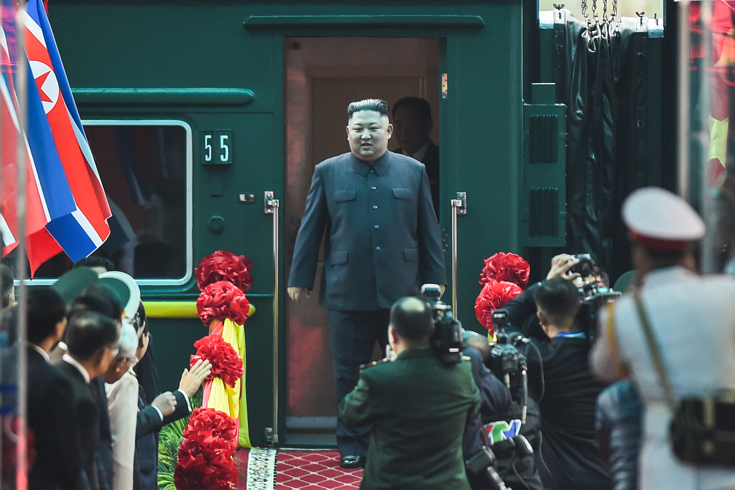 North Korean leader Kim Jong Un arrives at the Dong Dang railway station in Vietnam's Lang Son province