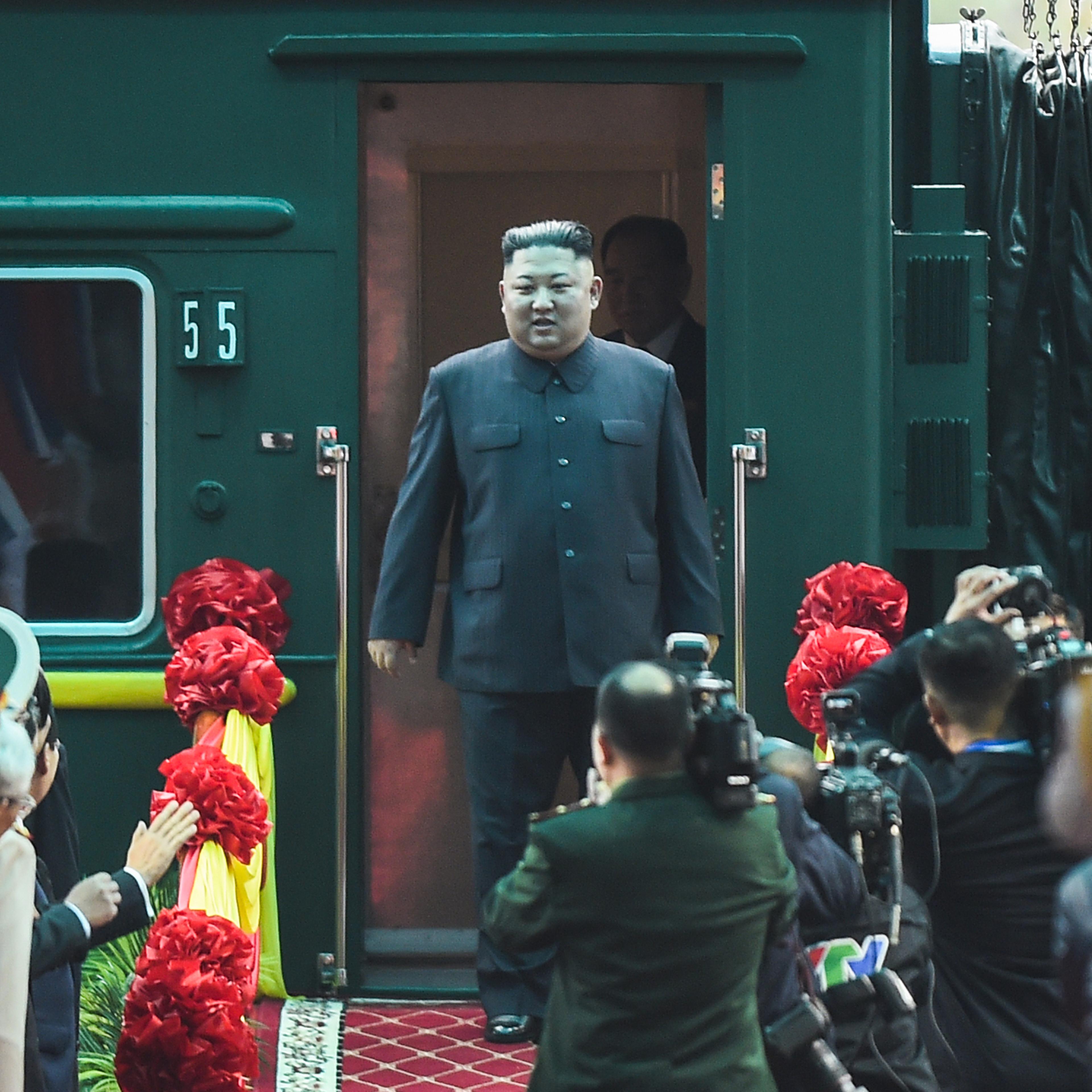 North Korean leader Kim Jong Un arrives at the Dong Dang railway station in Vietnam's Lang Son province
