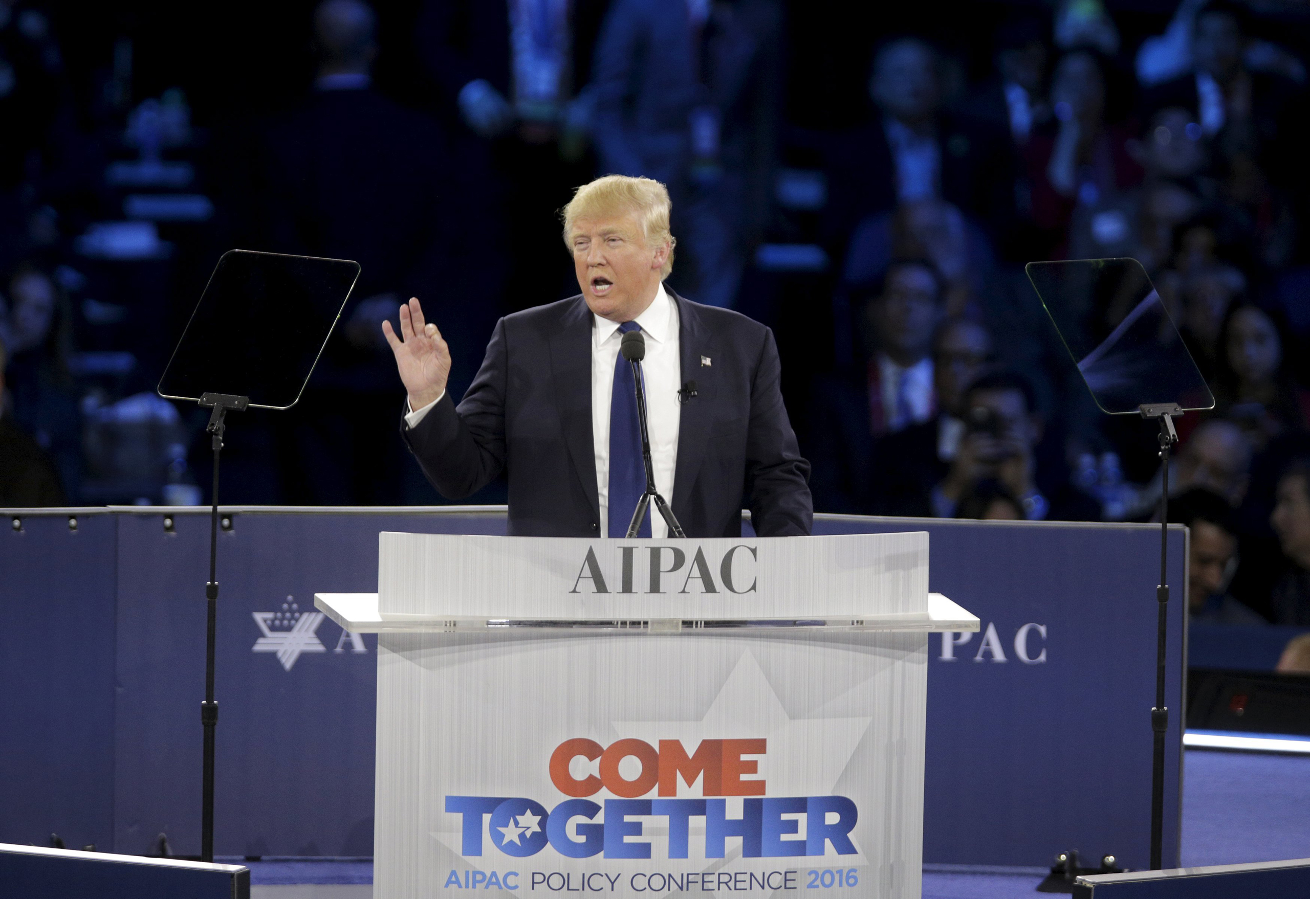 Republican U.S. presidential candidate Donald Trump addresses the American Israel Public Affairs Committee (AIPAC) afternoon general session in Washington March 21, 2016. REUTERS/Joshua Roberts