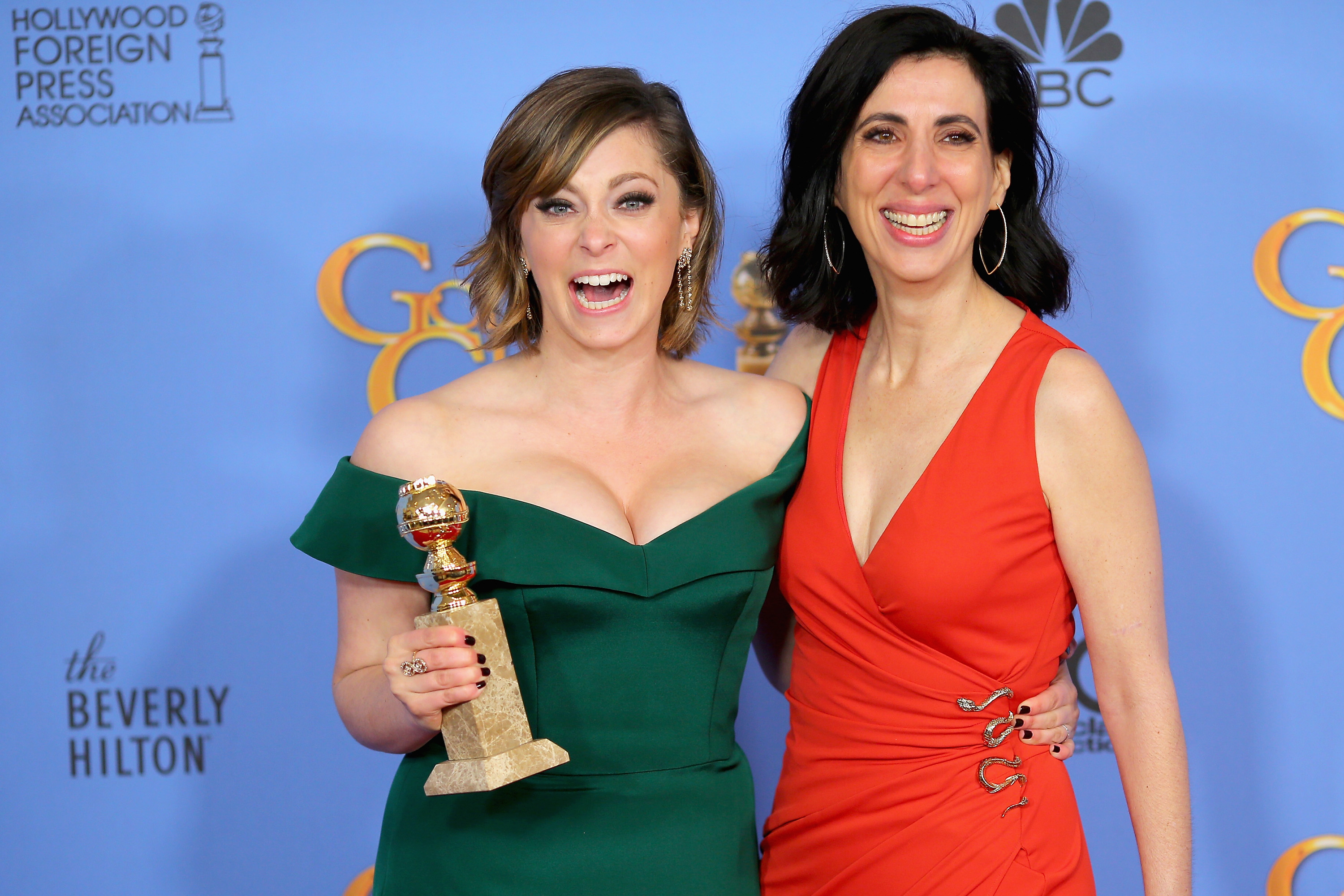 Actress Rachel Bloom, winner of Best Performance by an Actress in a Television Series - Musical or Comedy (L) and screenwriter Aline Brosh McKenna, pose in the press room during the 73rd Annual Golden Globe Awards held at the Beverly Hilton Hotel on Janu