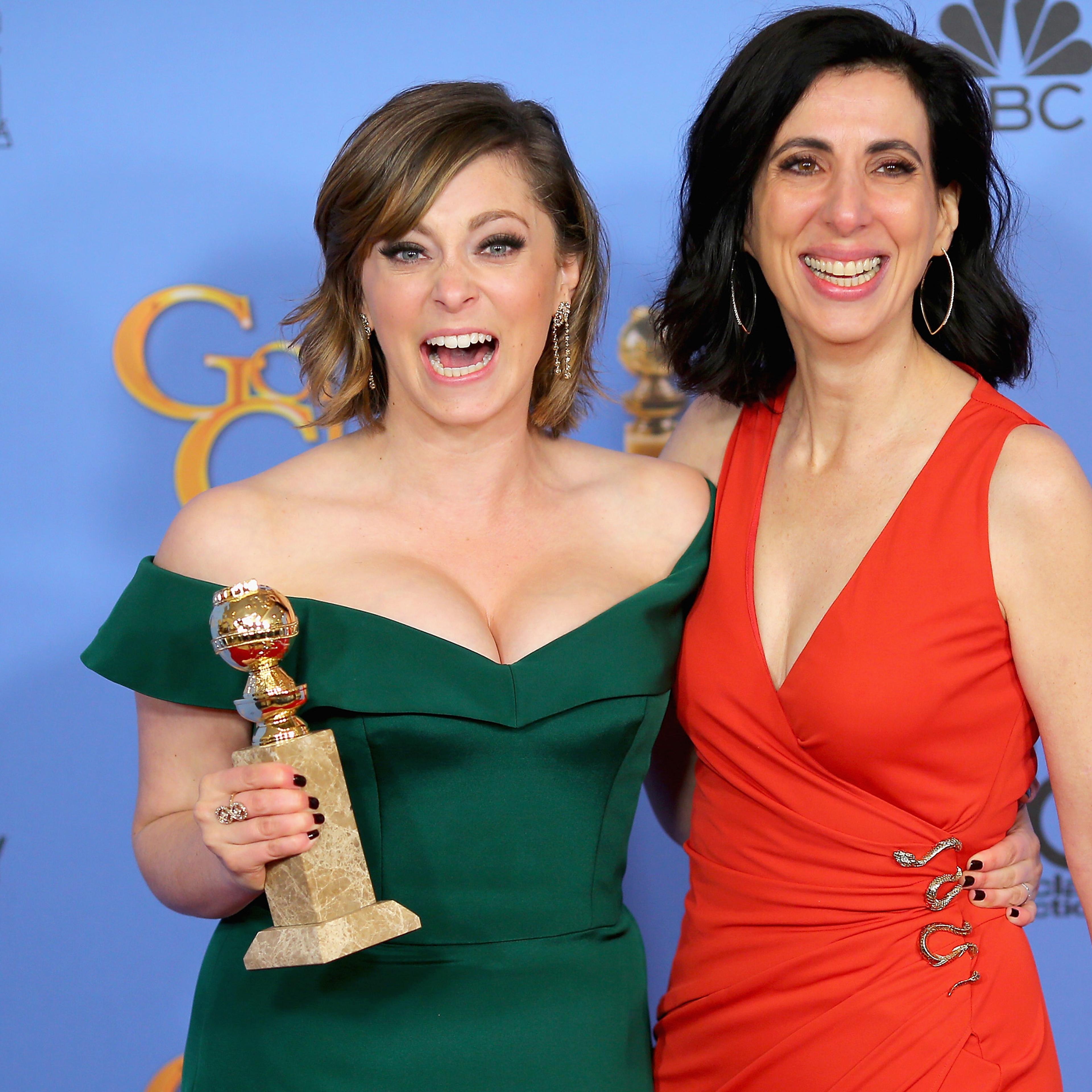 Actress Rachel Bloom, winner of Best Performance by an Actress in a Television Series - Musical or Comedy (L) and screenwriter Aline Brosh McKenna, pose in the press room during the 73rd Annual Golden Globe Awards held at the Beverly Hilton Hotel on Janu
