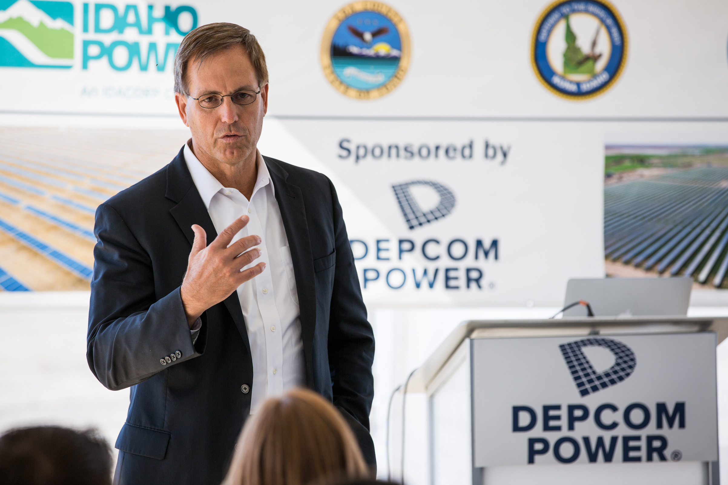 Jim Lamon, CEO- DEPCOM Power, addresses utility customers, local officials and community members at the dedication of the 55 MW Idaho Solar plant.