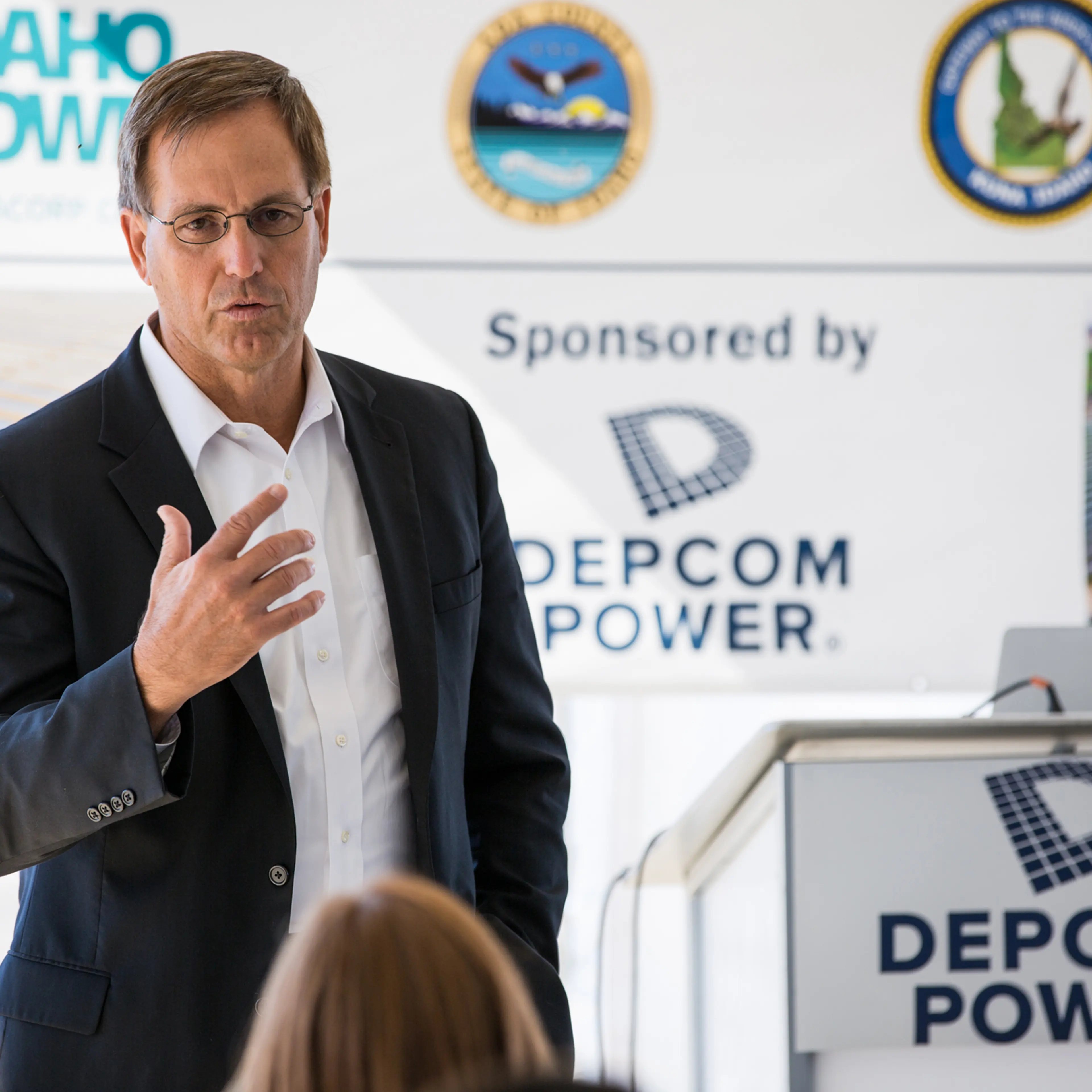 Jim Lamon, CEO- DEPCOM Power, addresses utility customers, local officials and community members at the dedication of the 55 MW Idaho Solar plant.