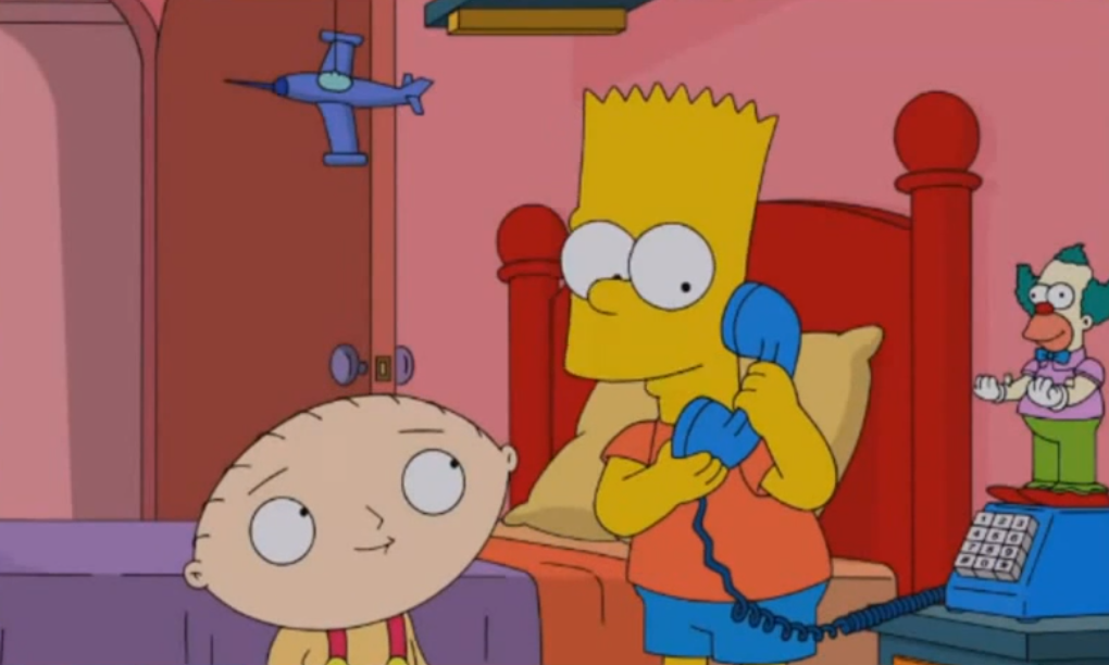 Stewie Griffin watches Bart Simpson make a prank phone call in a preview of the upcoming crossover episode between <i>Family Guy</i> and <i>The Simpsons</i>