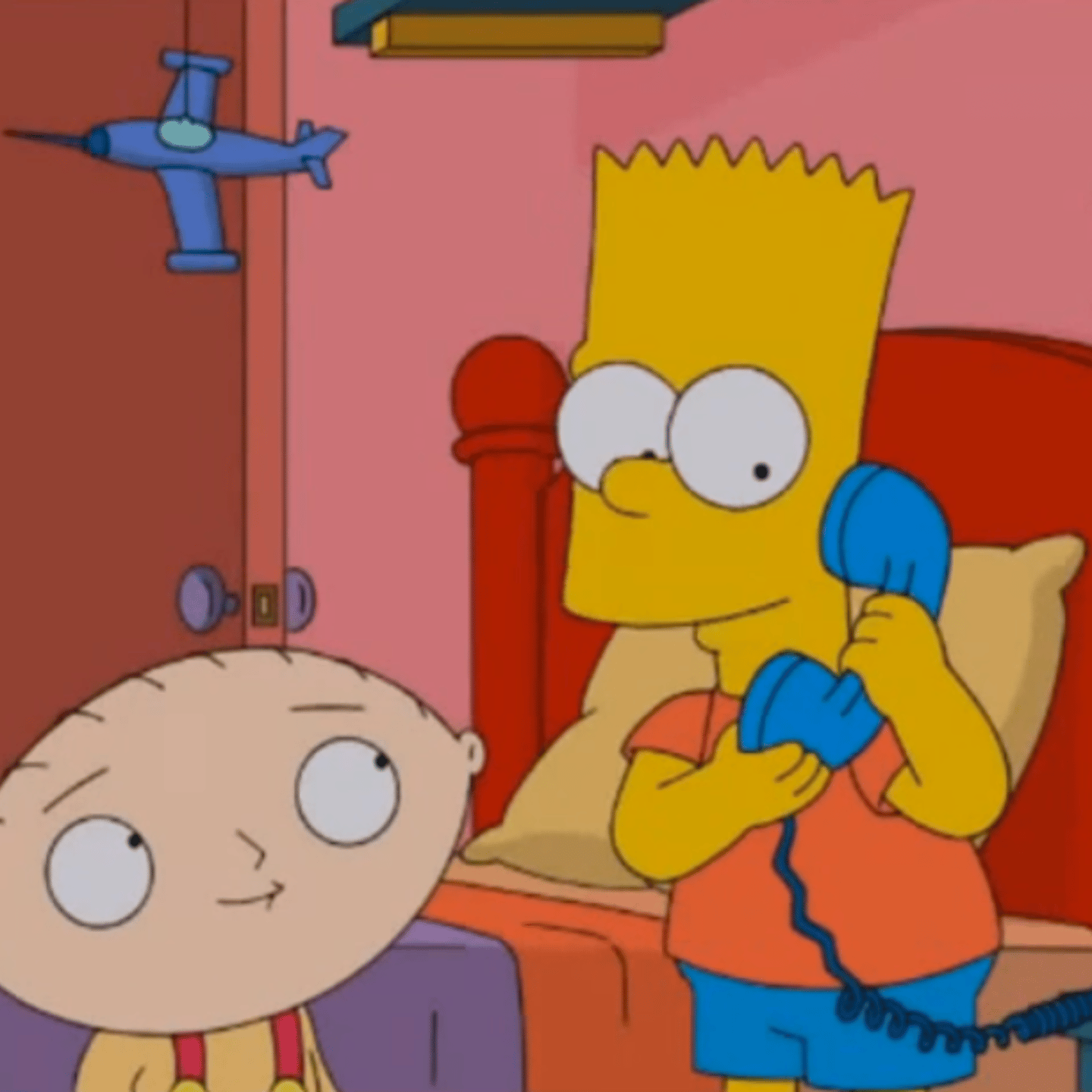 Stewie Griffin watches Bart Simpson make a prank phone call in a preview of the upcoming crossover episode between <i>Family Guy</i> and <i>The Simpsons</i>