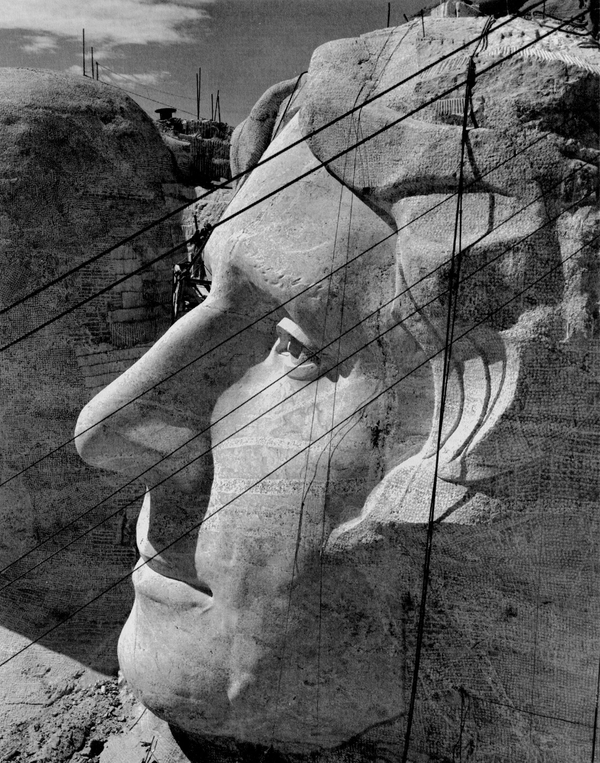 The head of Thomas Jefferson under construction, taken from atop Lincoln in 1939.