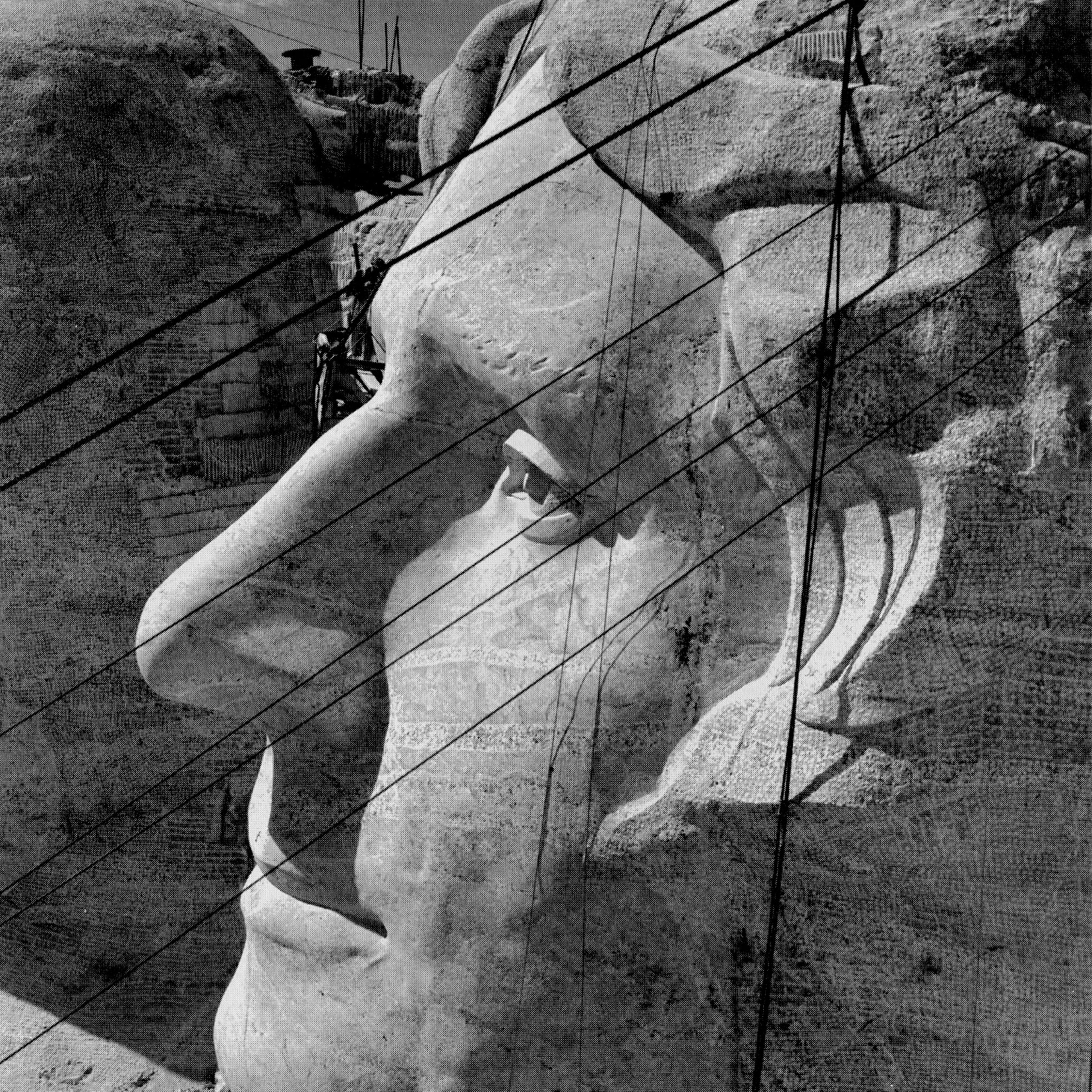 The head of Thomas Jefferson under construction, taken from atop Lincoln in 1939.