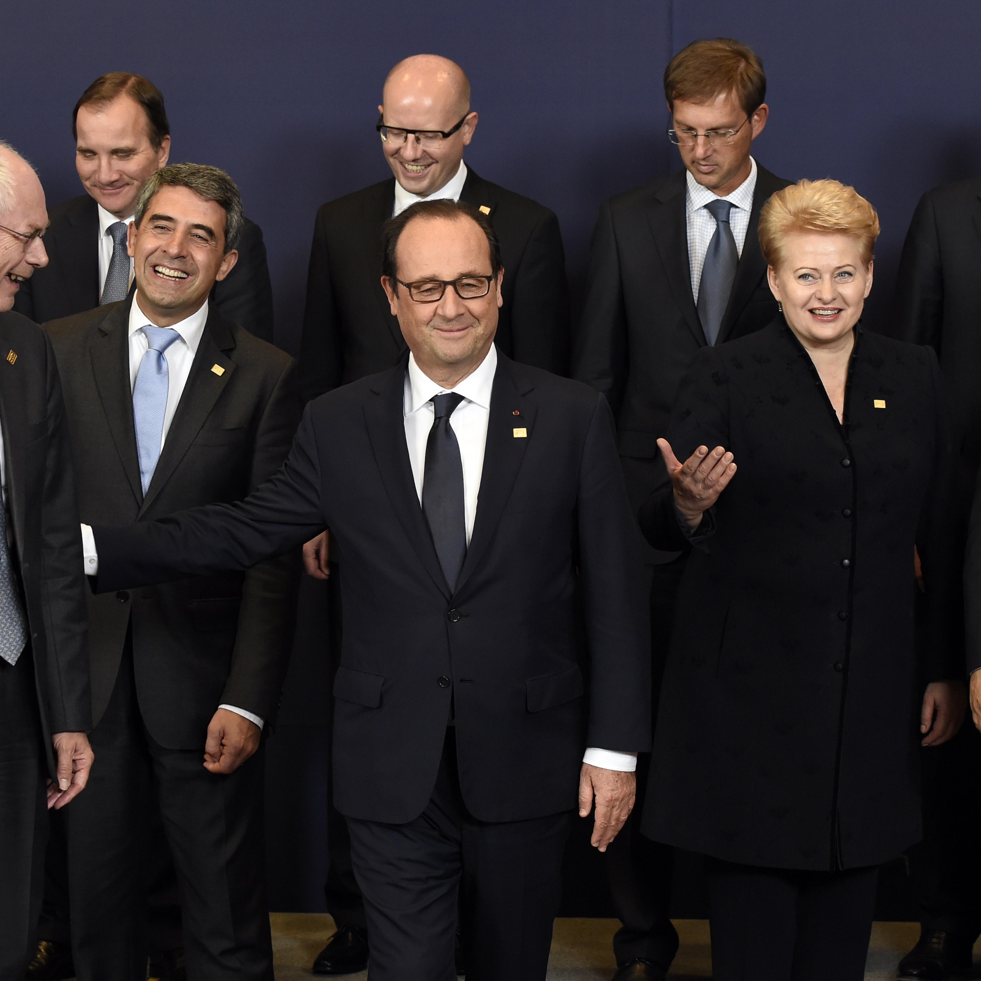European heads of state and government (from back left) Spanish Prime Minister Mariano Rajoy, Swedish Prime Minister Stefan Loefven, Czech Prime Minister Bohuslav Sobotka, Slovenian Prime Minister Miro Cerar, Portuguese Prime Minister Pedro Passos Coelho