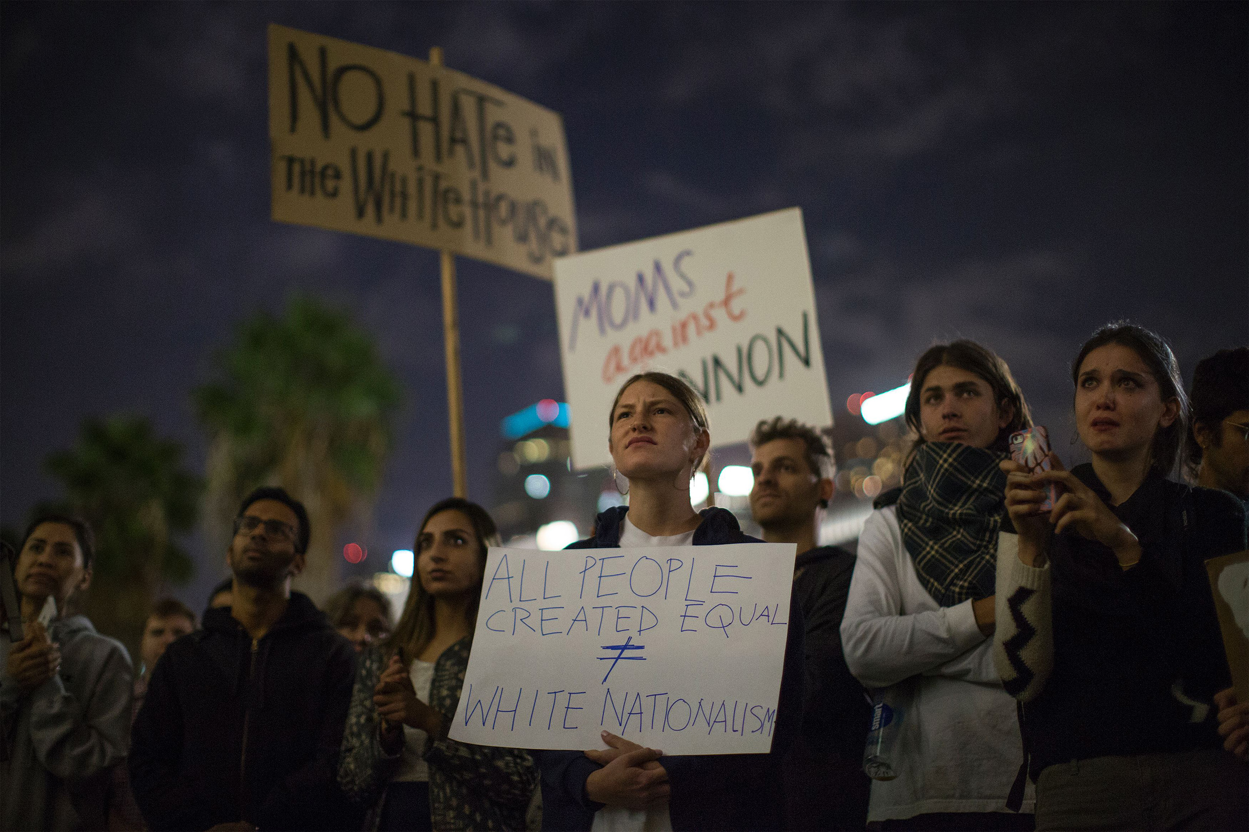People protest the appointment of Steve Bannon, to be chief strategist of the White House by Donald Trump on Nov. 16, near City Hall in Los Angeles.