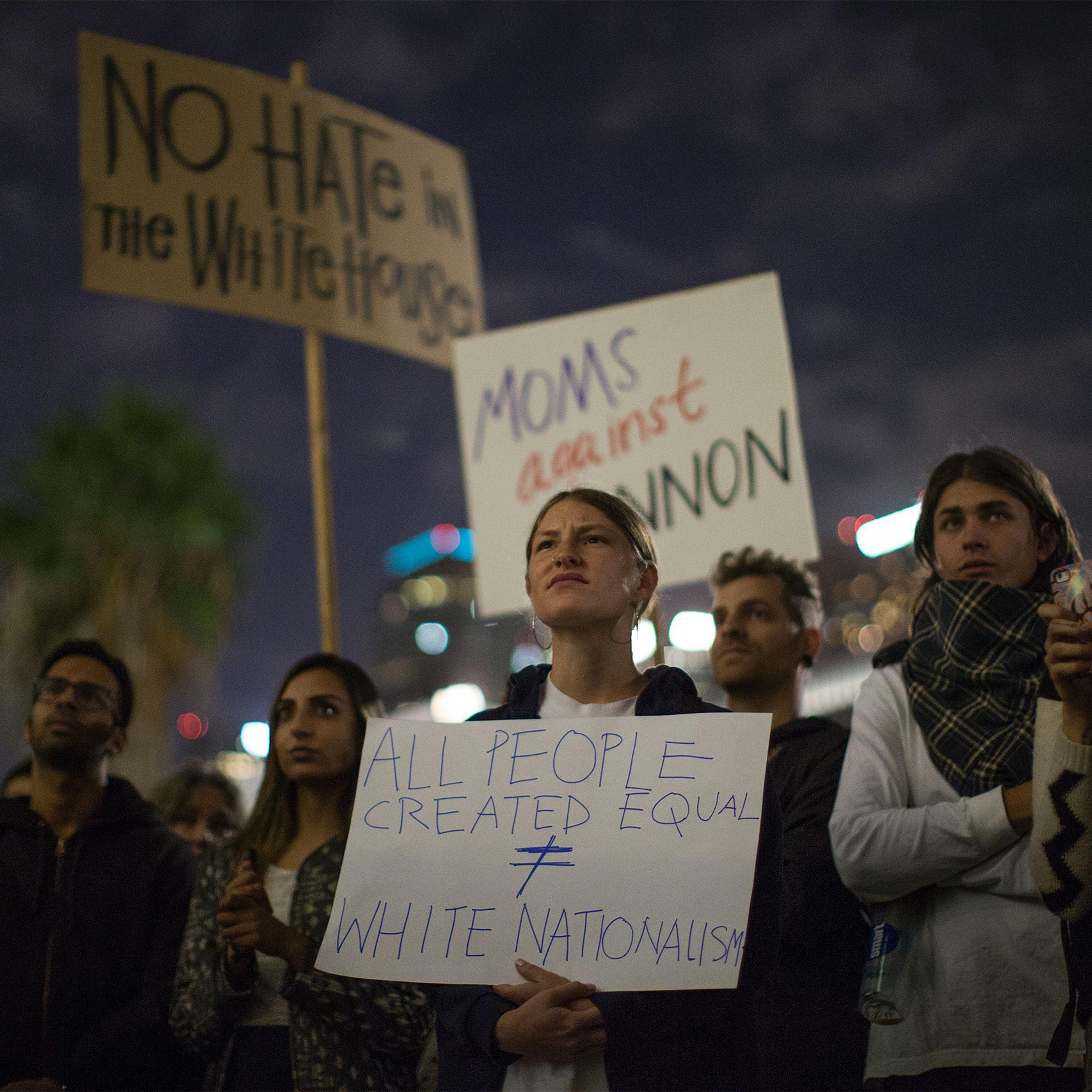 People protest the appointment of Steve Bannon, to be chief strategist of the White House by Donald Trump on Nov. 16, near City Hall in Los Angeles.