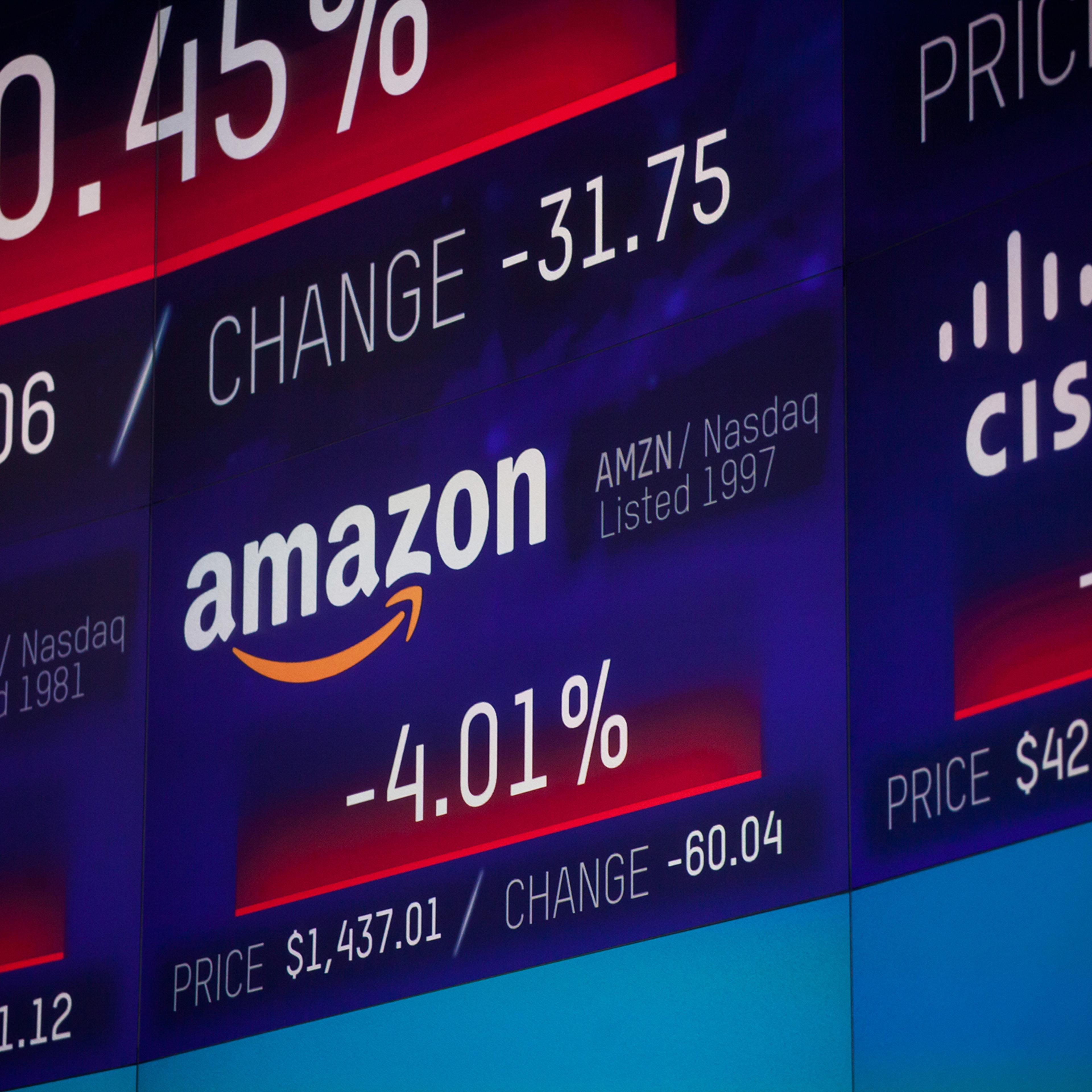 A monitor displays Amazon.com Inc. signage during the Bilibili Inc. initial public offering