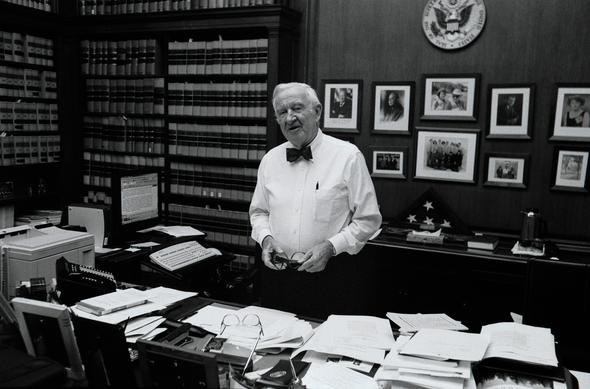 Supreme Court Justice John Paul Stevens poses for a portrait in his chambers at the Supreme Court in Washington, D.C., on June 17, 2002.