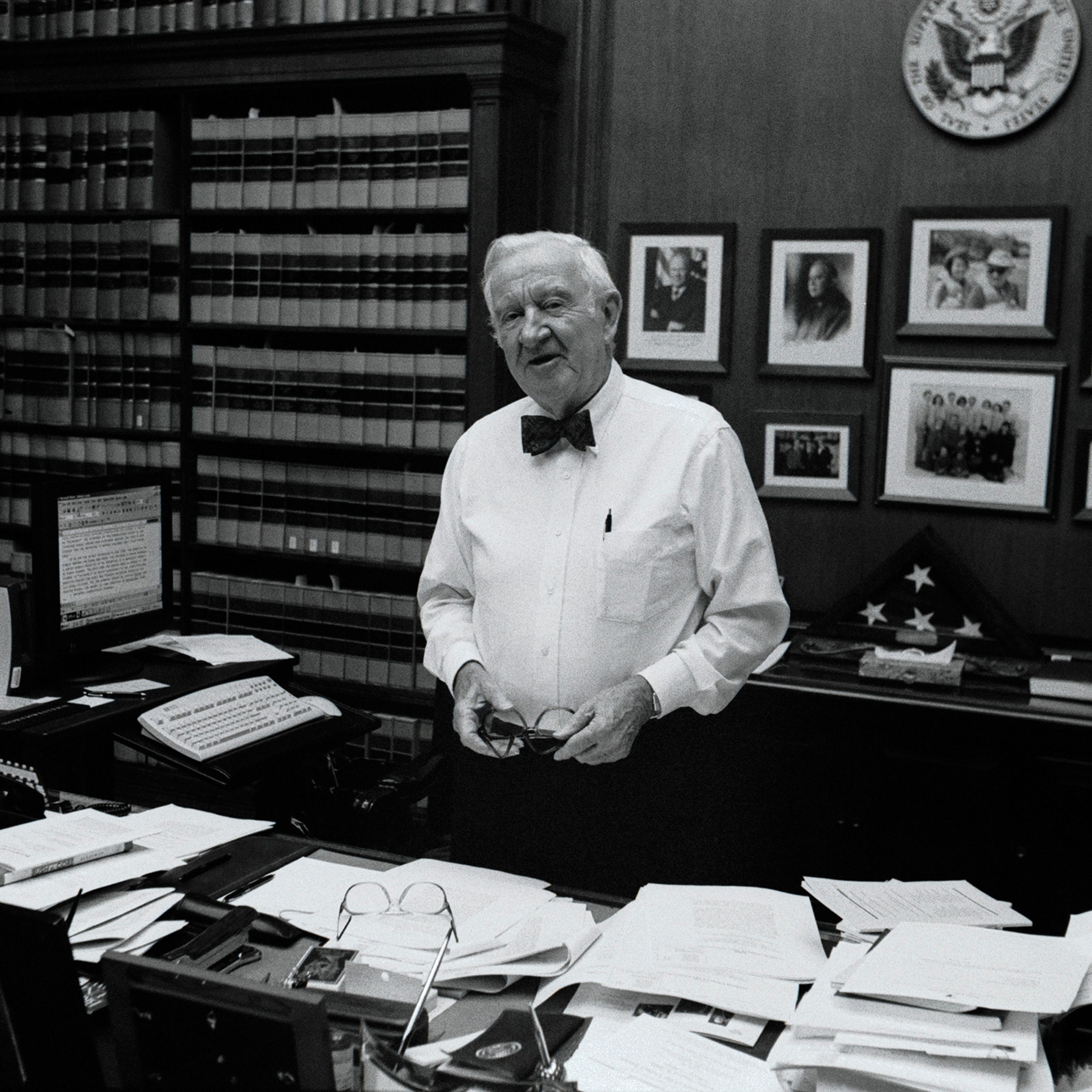 Supreme Court Justice John Paul Stevens poses for a portrait in his chambers at the Supreme Court in Washington, D.C., on June 17, 2002.