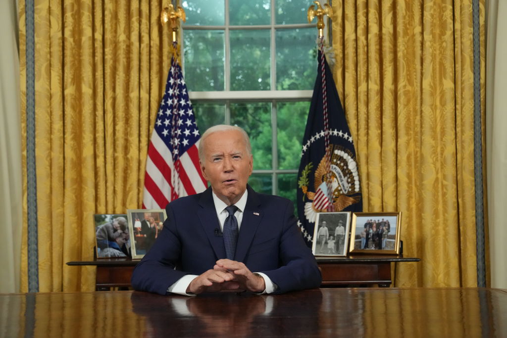 President Biden Addresses The Nation From The White House Oval Office