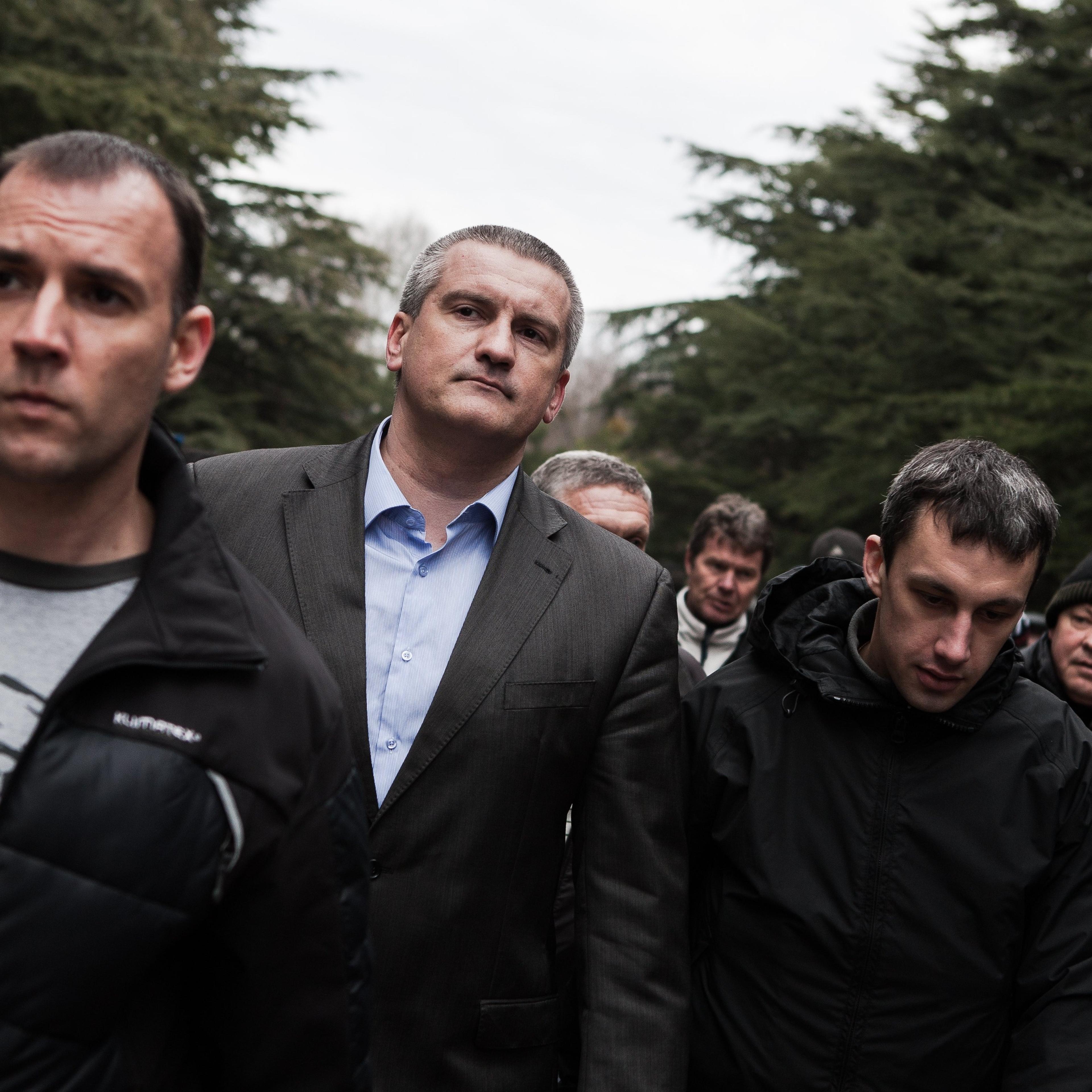 Crimean Prime Minister Sergei Aksyonov attends a public ceremony in Simferopol, Crimea on March 8, 2014.