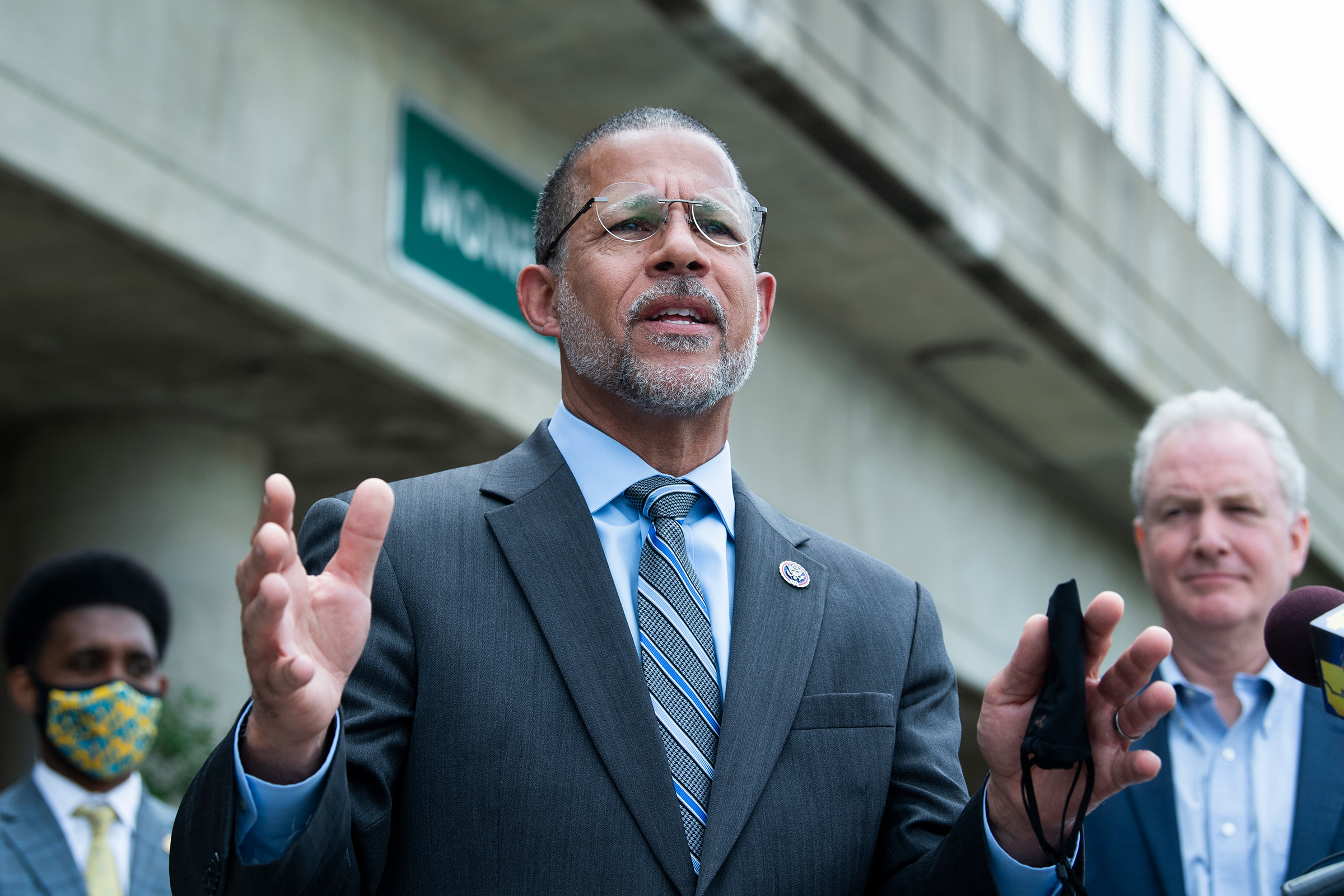 Rep. Anthony Brown, center, conducts a news conference with members of the Maryland congressional delegation to discuss a legislation to reform the long history of inequity in infrastructure in Baltimore, May 17, 2021.