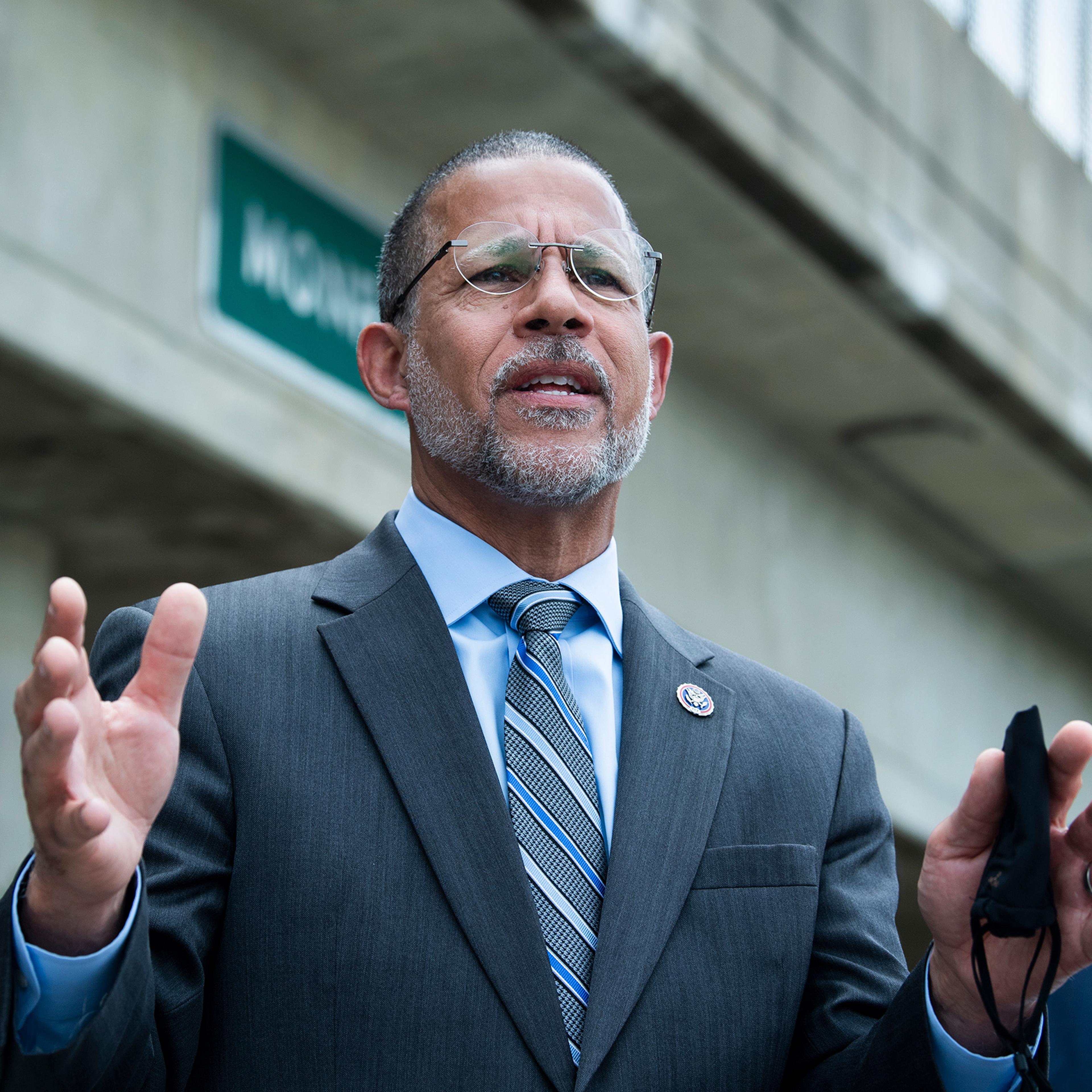 Rep. Anthony Brown, center, conducts a news conference with members of the Maryland congressional delegation to discuss a legislation to reform the long history of inequity in infrastructure in Baltimore, May 17, 2021.