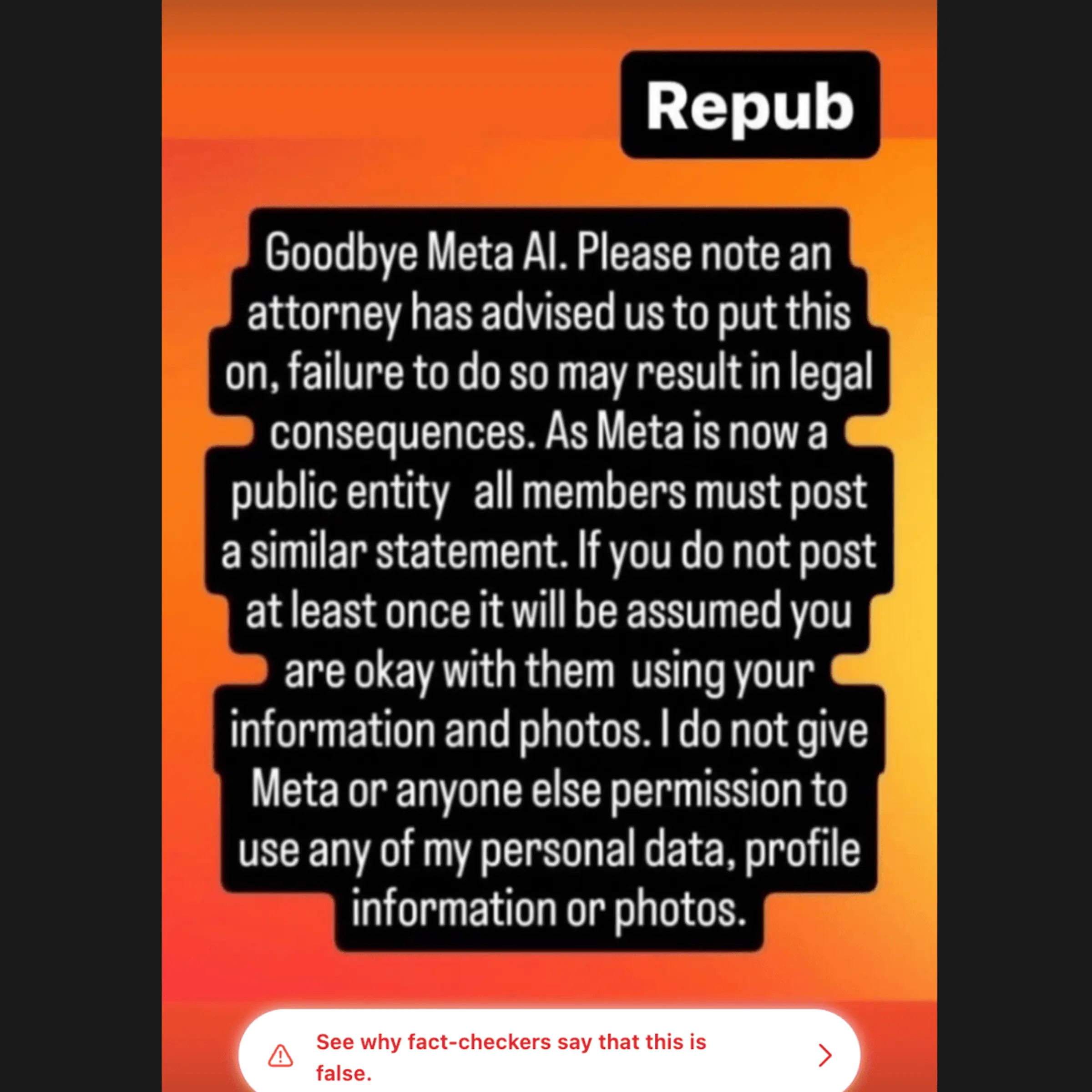 screenshot of Instagram story with "Goodbye Meta AI" message.