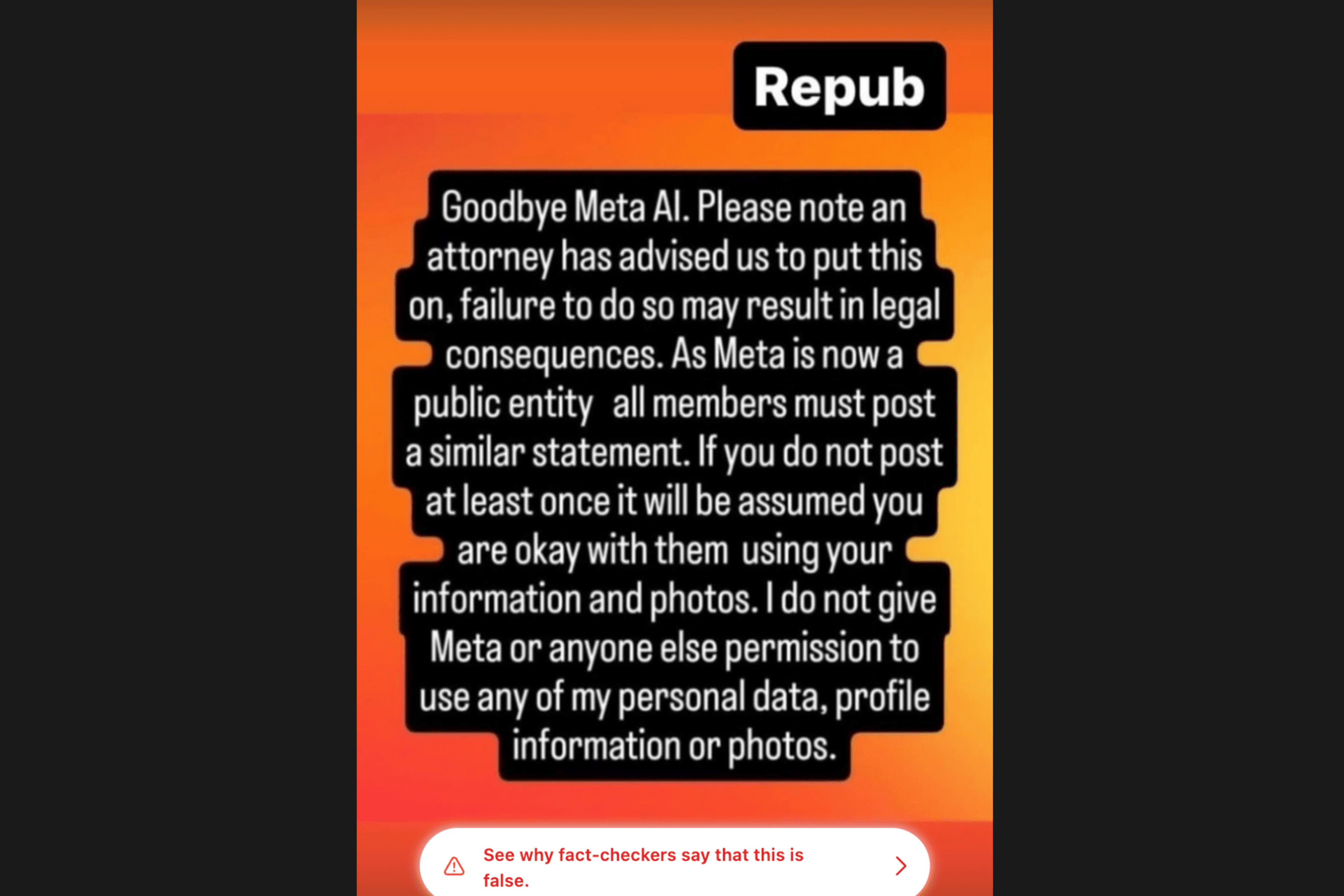 screenshot of Instagram story with "Goodbye Meta AI" message.