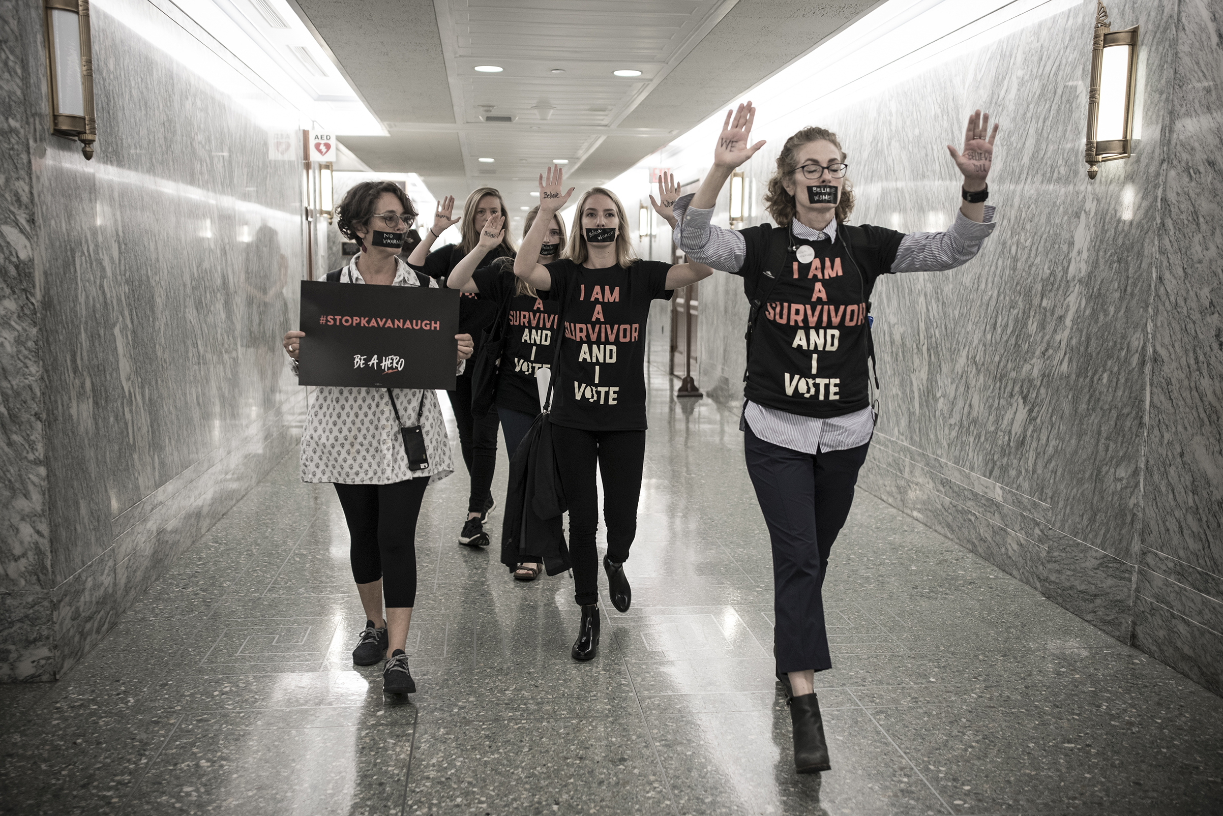 Women protested Kavanaugh’s nomination inside the Dirksen Senate Office Building in late September