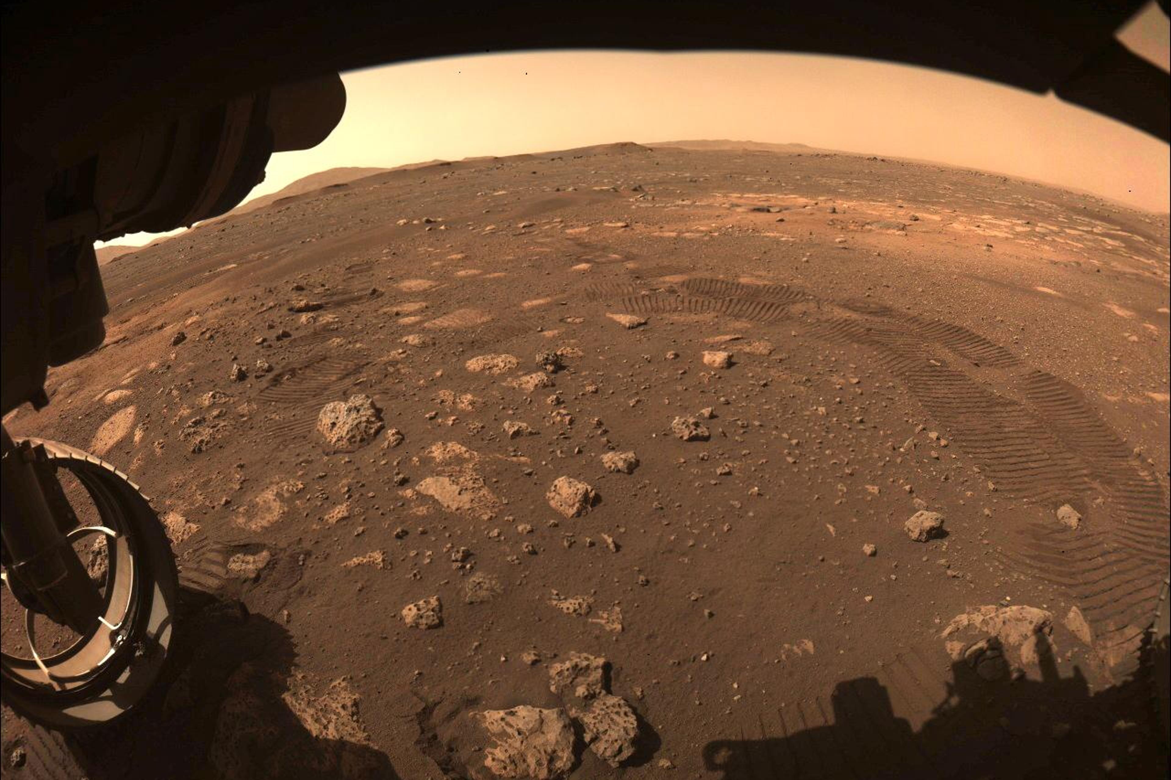 This image was captured while NASA's Perseverance rover drove on Mars for the first time on March 4, 2021.