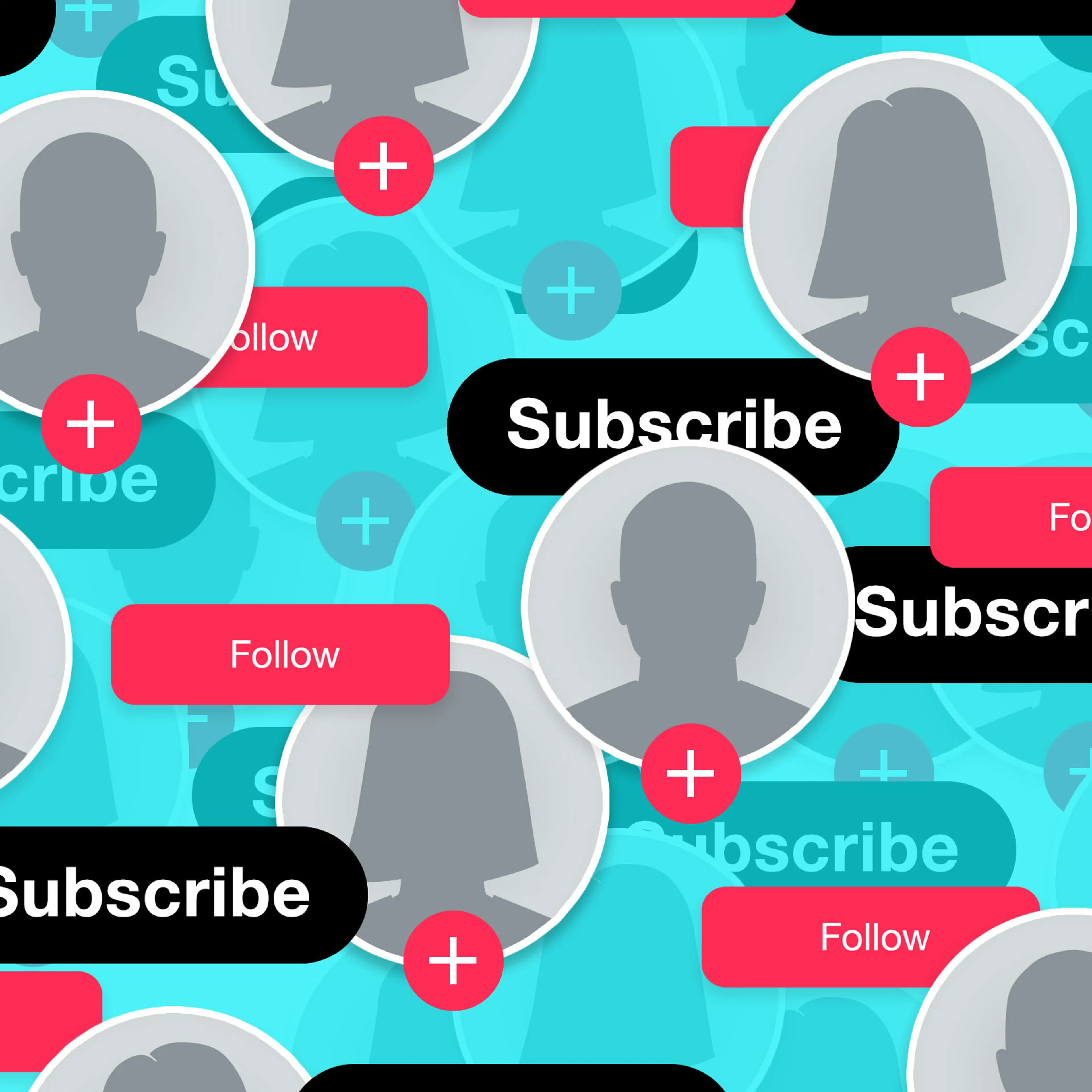 A collage full of subscribe and follow buttons similar to the ones seen on the tiktok app and youtube