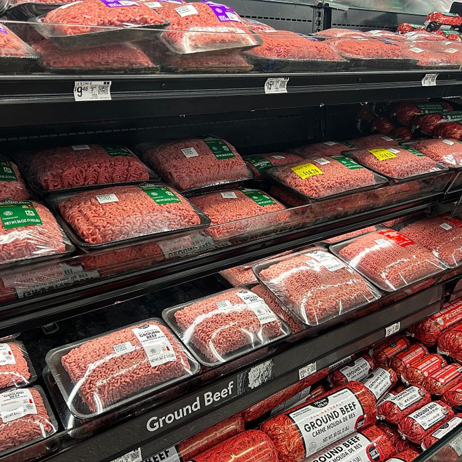 Ground Beef displayed in the refrigerator aisle of Wal-Mart megastore, Denver, North Carolina