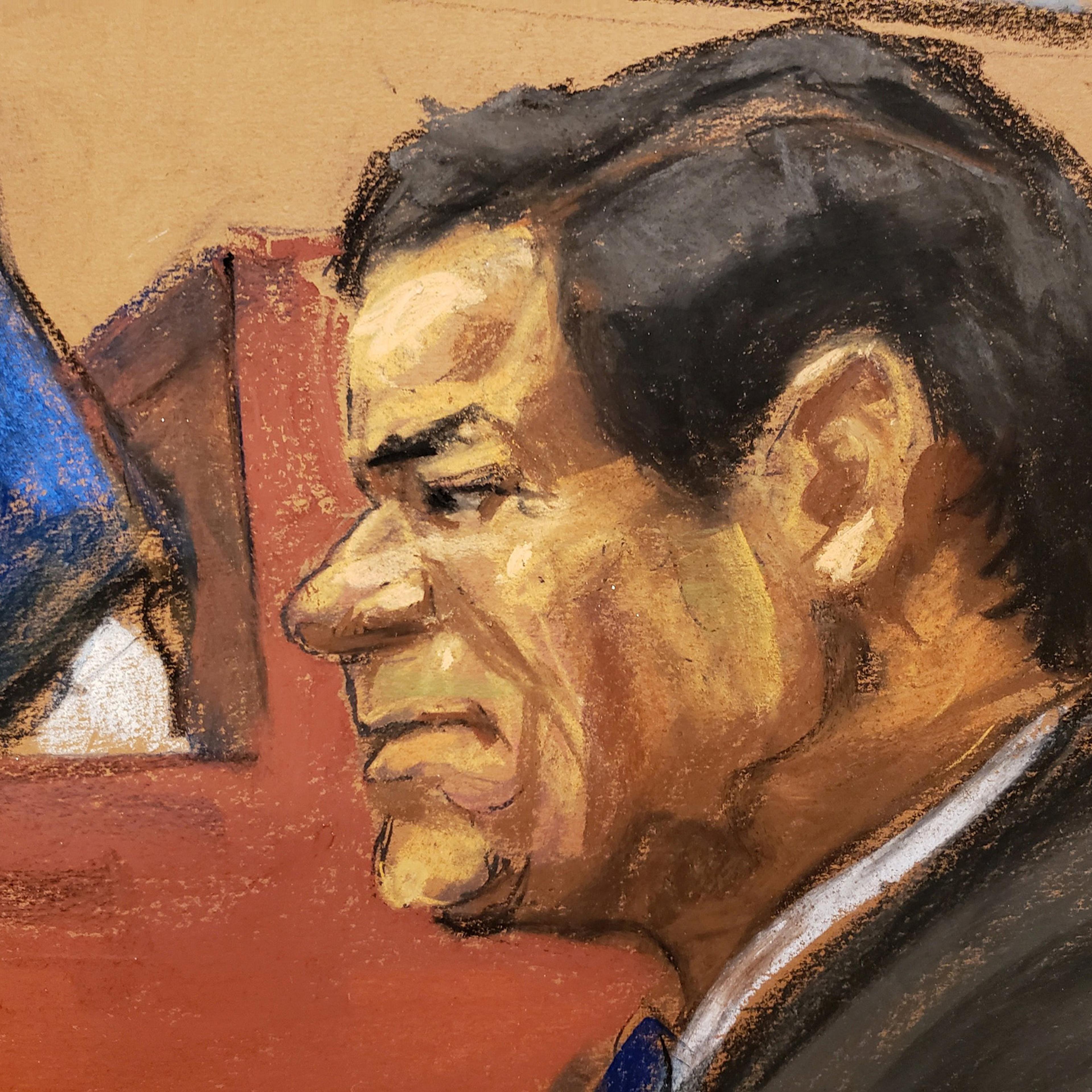A courtroom sketch of The accused Mexican drug lord Joaquin "El Chapo" Guzman listens to a testimony by Isaias Valdez Rios
