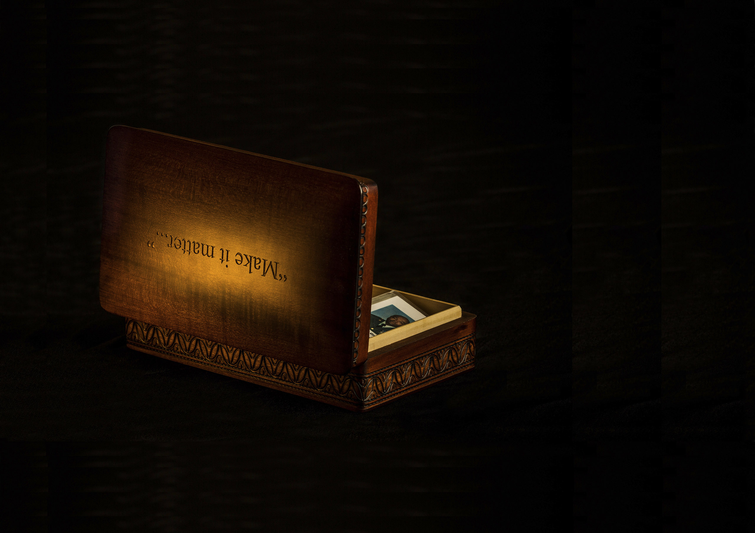 A box into which is engraved "Make it matter..." in the office of Chairman of the Joint Chiefs of Staff Martin Dempsey at the Pentagon in Washington, DC on November 24, 2014.